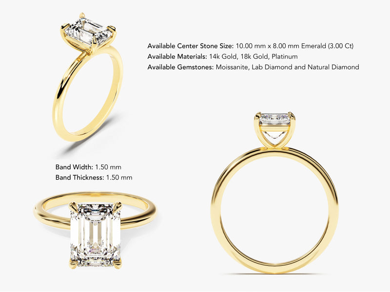 Emerald cut diamond ring in yellow gold, available in moissanite, lab, and natural diamonds