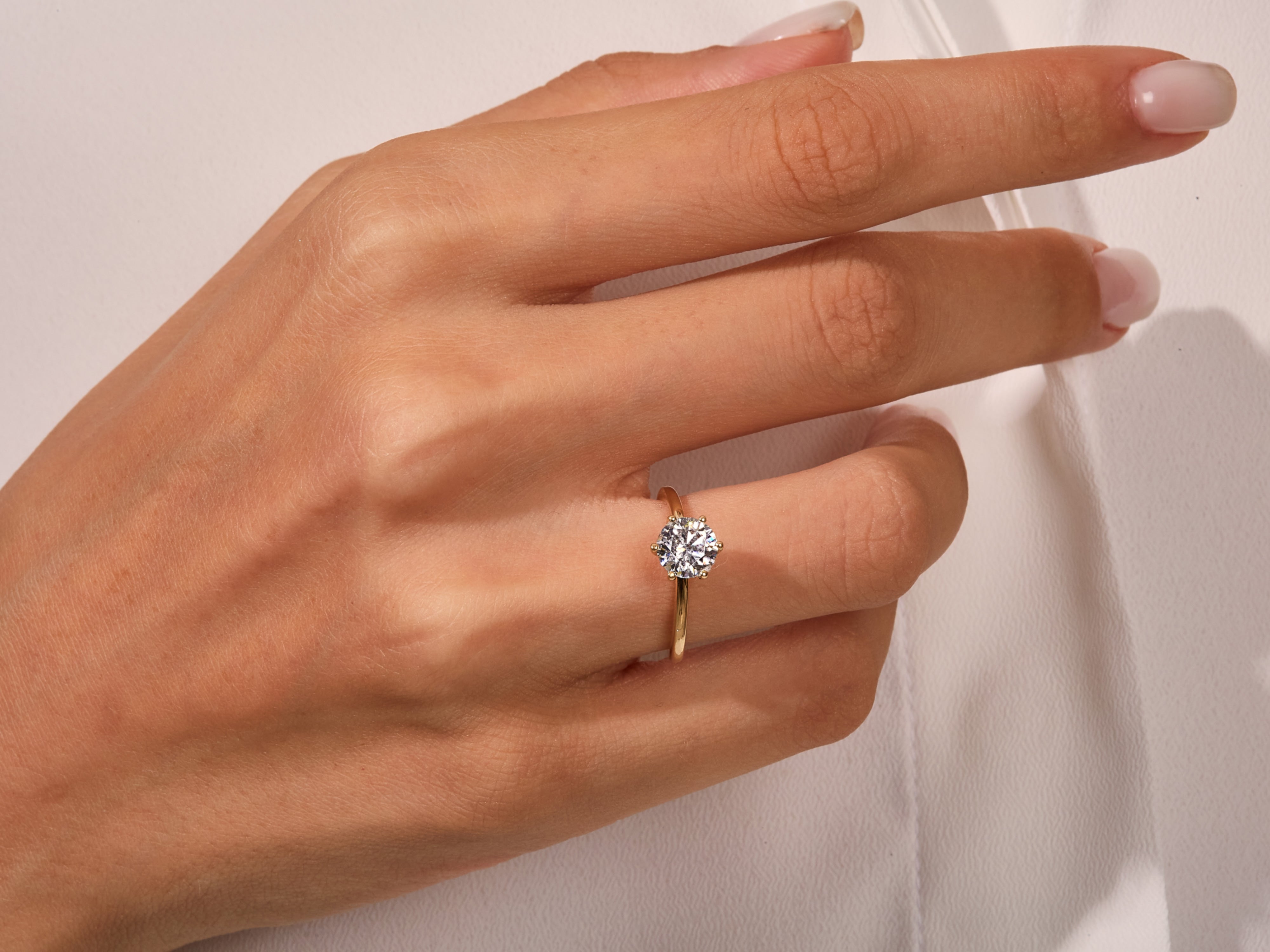 Diamond solitaire ring on a hand, fine jewelry for her