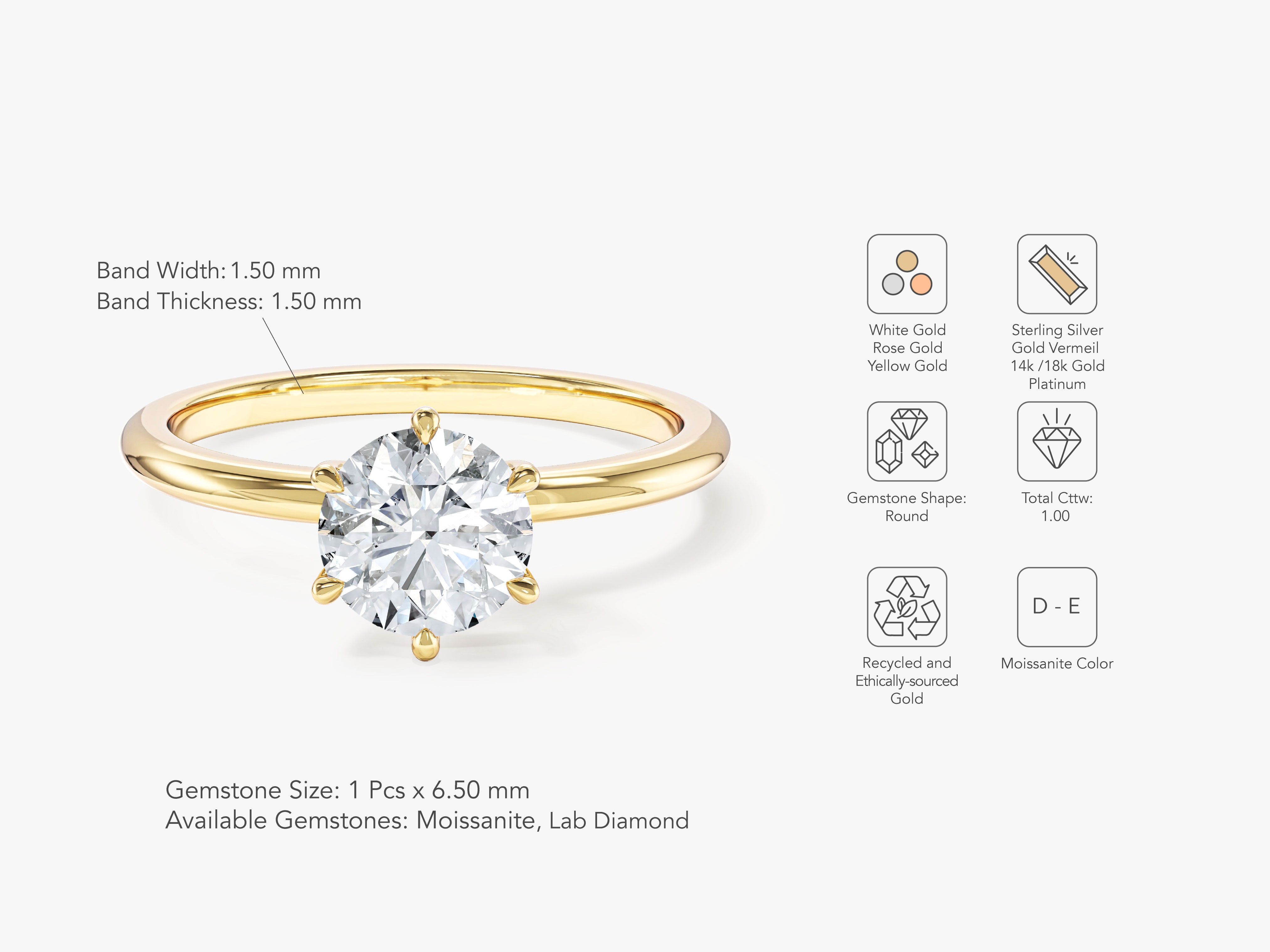 6-Prong Solitaire Round Cut Moissanite Engagement Ring (1.00 CT)