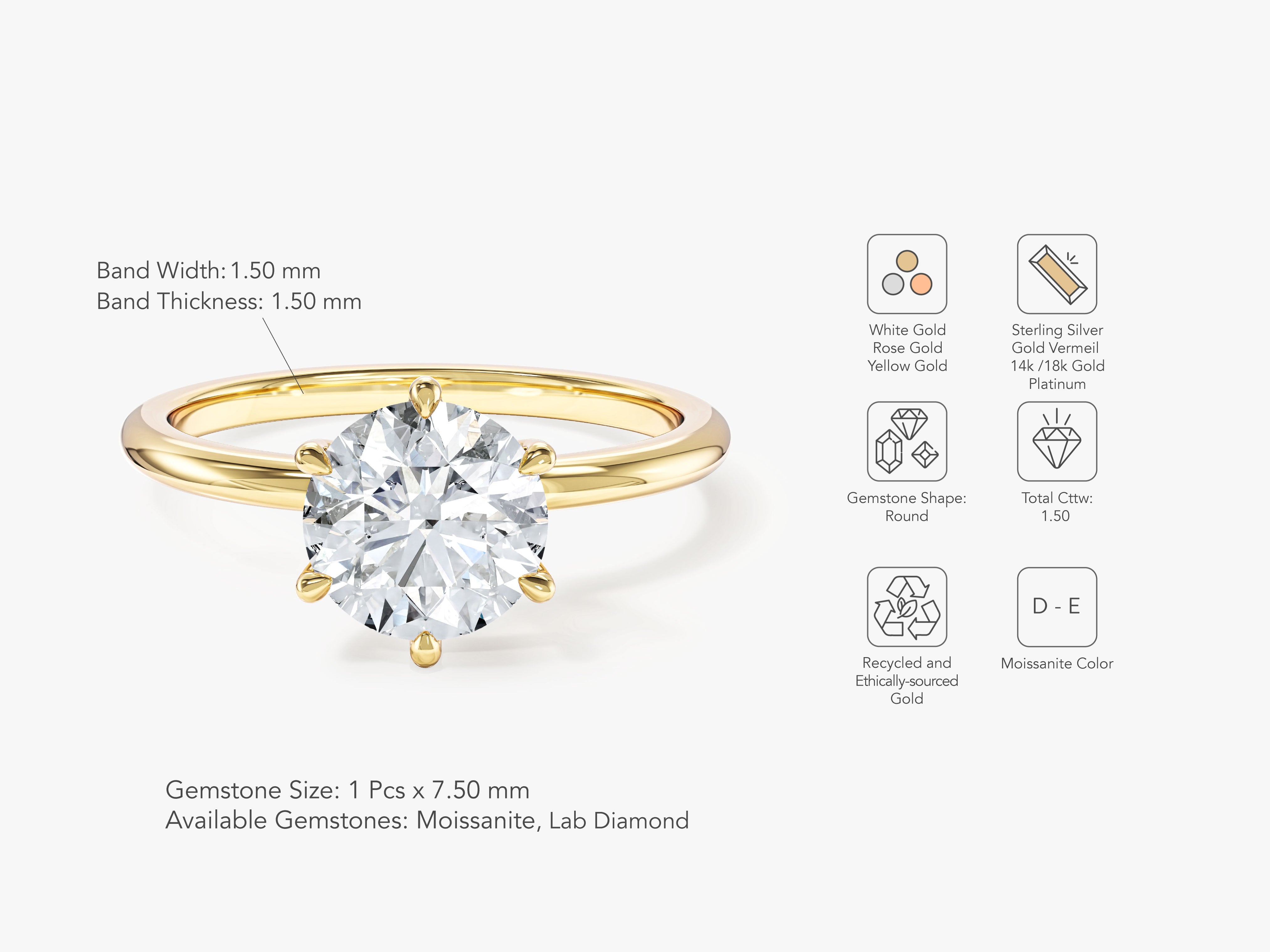 6-Prong Solitaire Round Cut Moissanite Engagement Ring (1.50 CT)