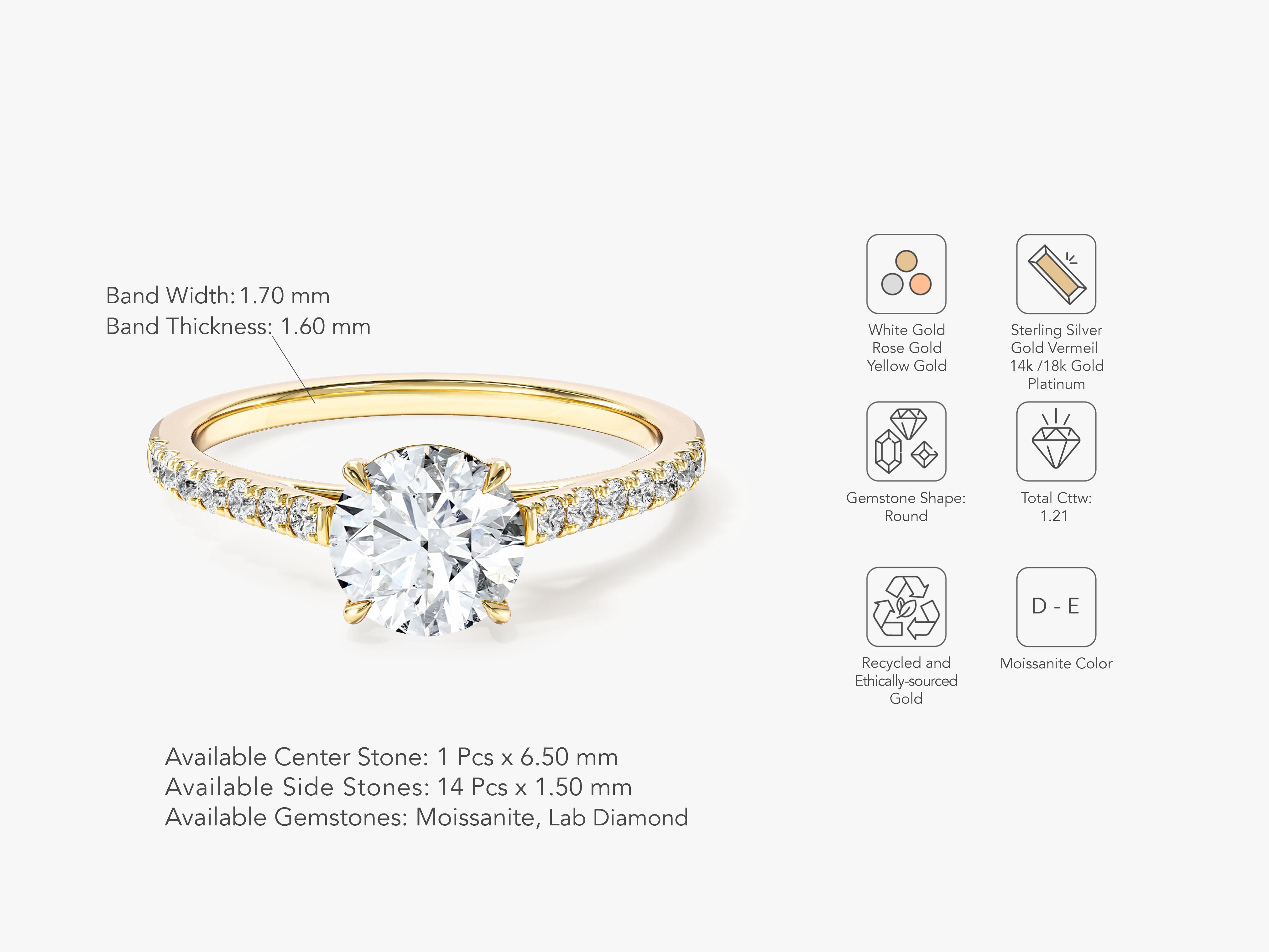 Cathedral Round Cut Lab Grown Diamond Engagement Ring with Pave Set Sidestones (1.00 CT)
