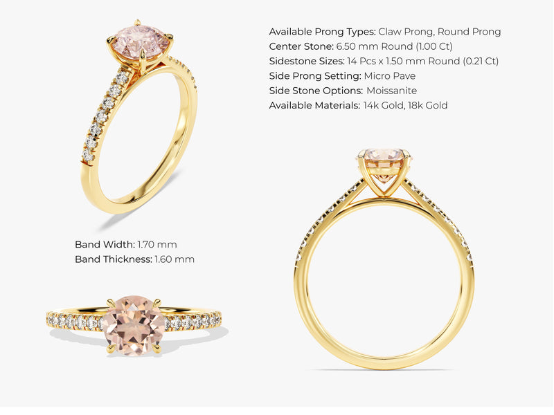 Round Cut Peach Morganite Engagement Ring with Sidestones