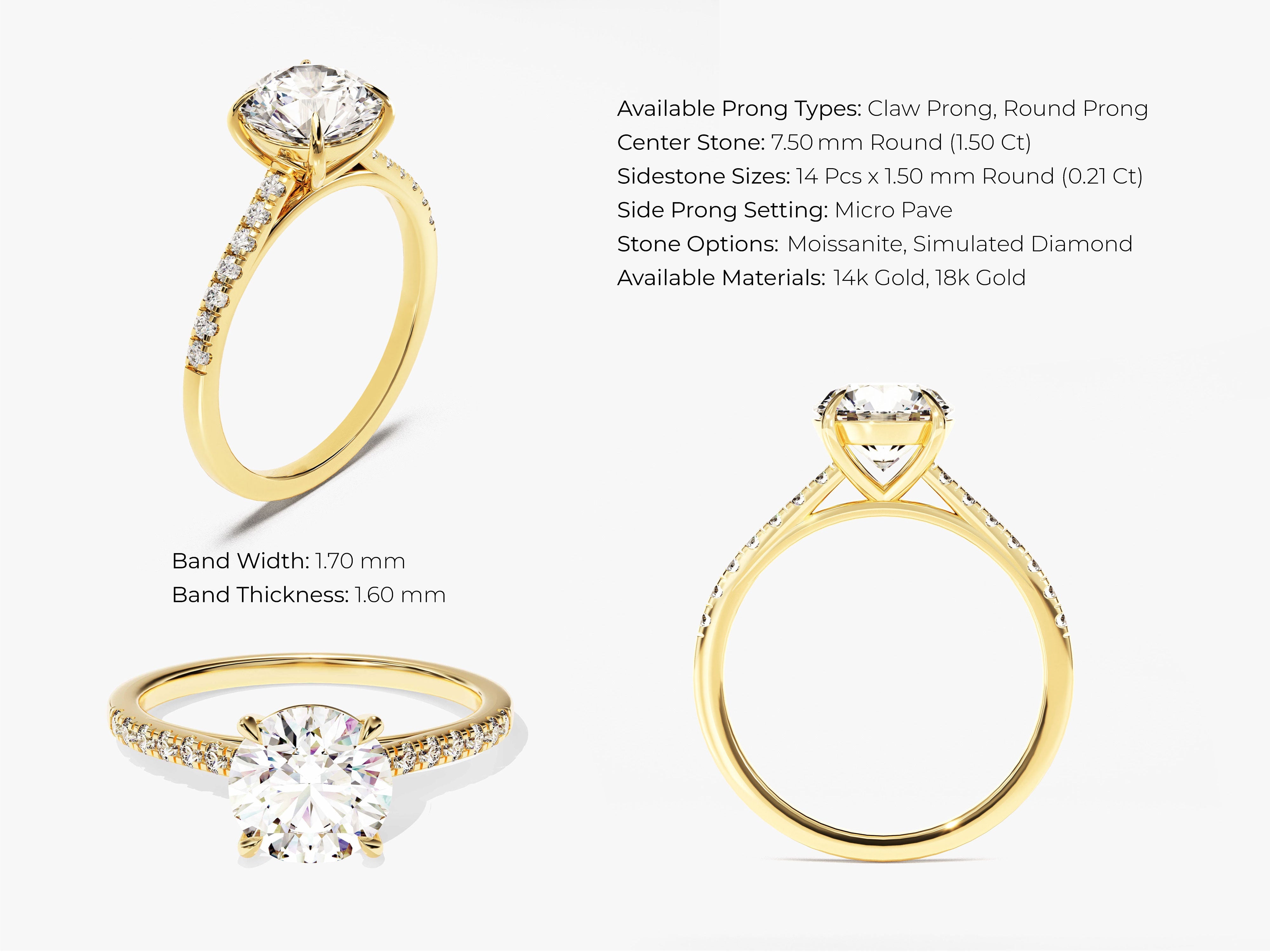 Gold ring with round diamond and pave side stones