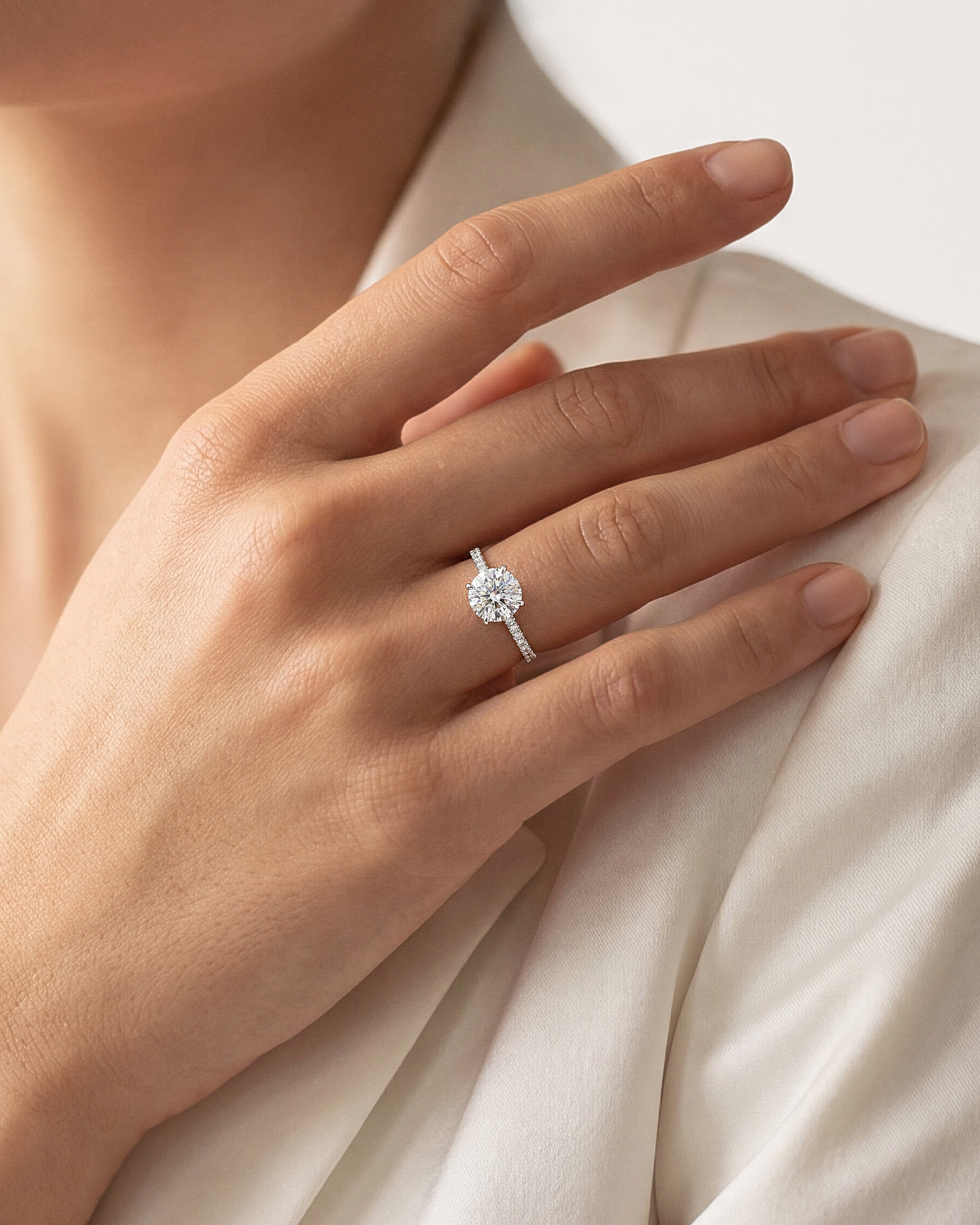 Cathedral Round Cut Moissanite Engagement Ring with Pave Set Side Stones (2.00 CT)