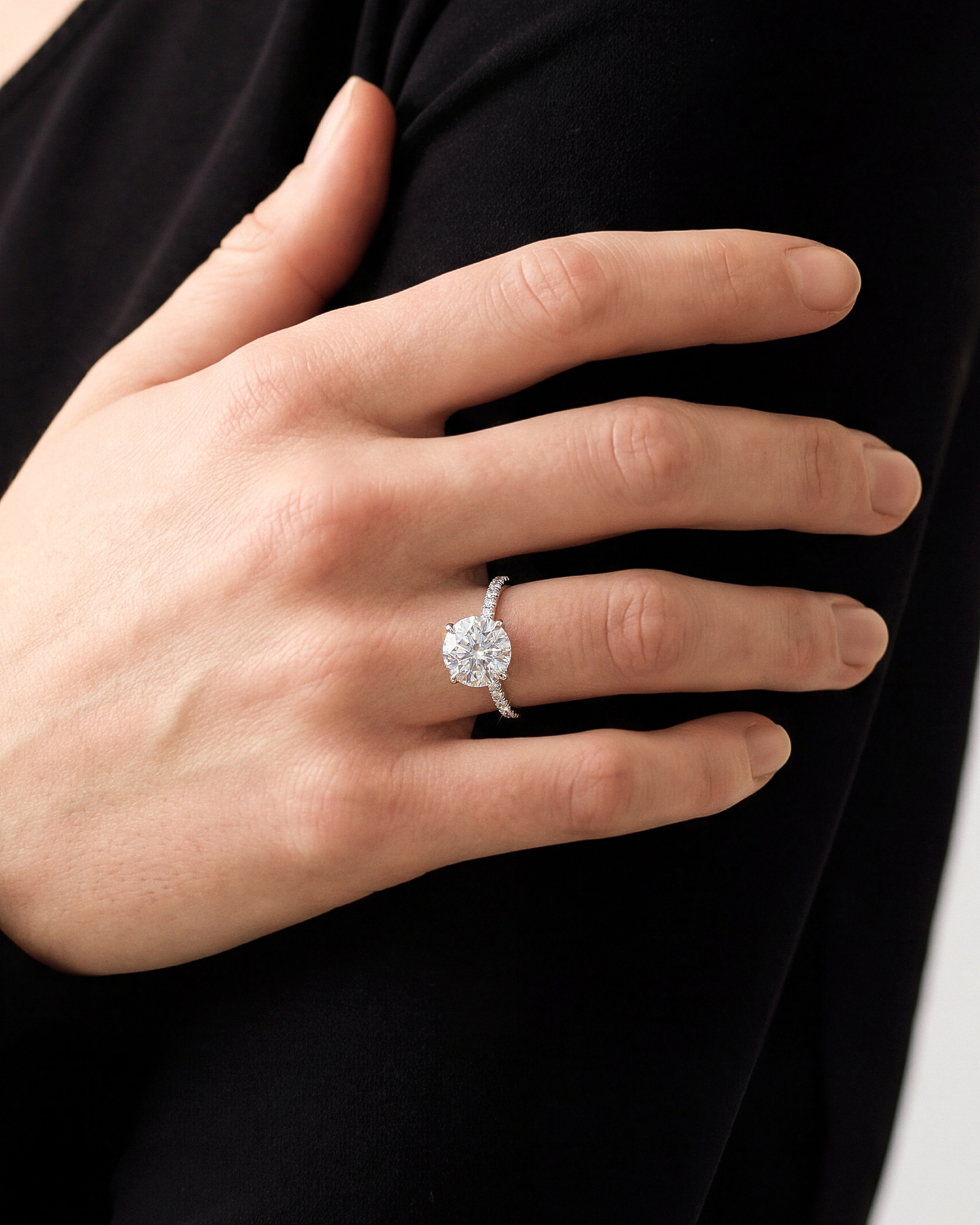 Cathedral Round Cut Moissanite Engagement Ring with Pave Set Side Stones (3.00 CT)