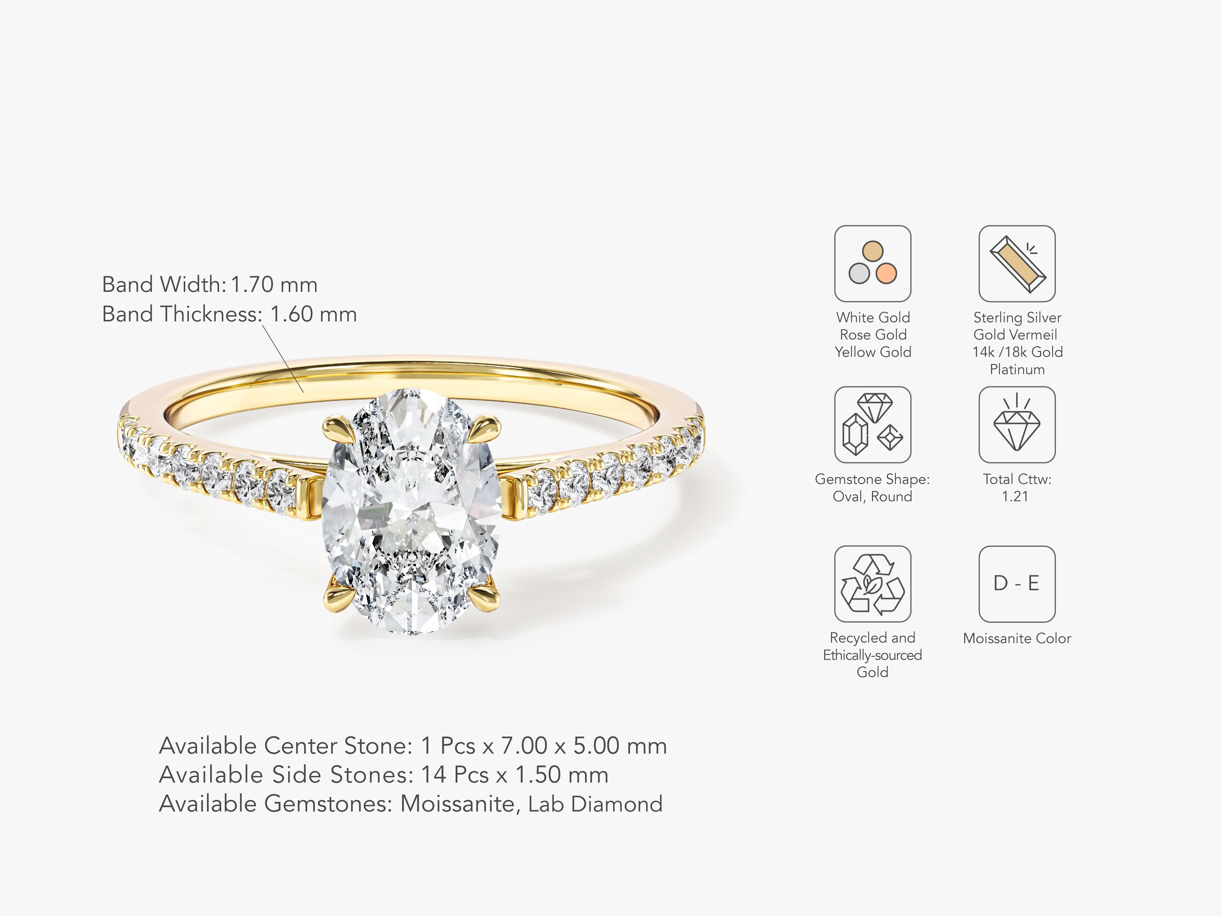 Labordiamant Verlobungsring im Ovalschliff mit Pave-Seitensteinen (1.00 CT)