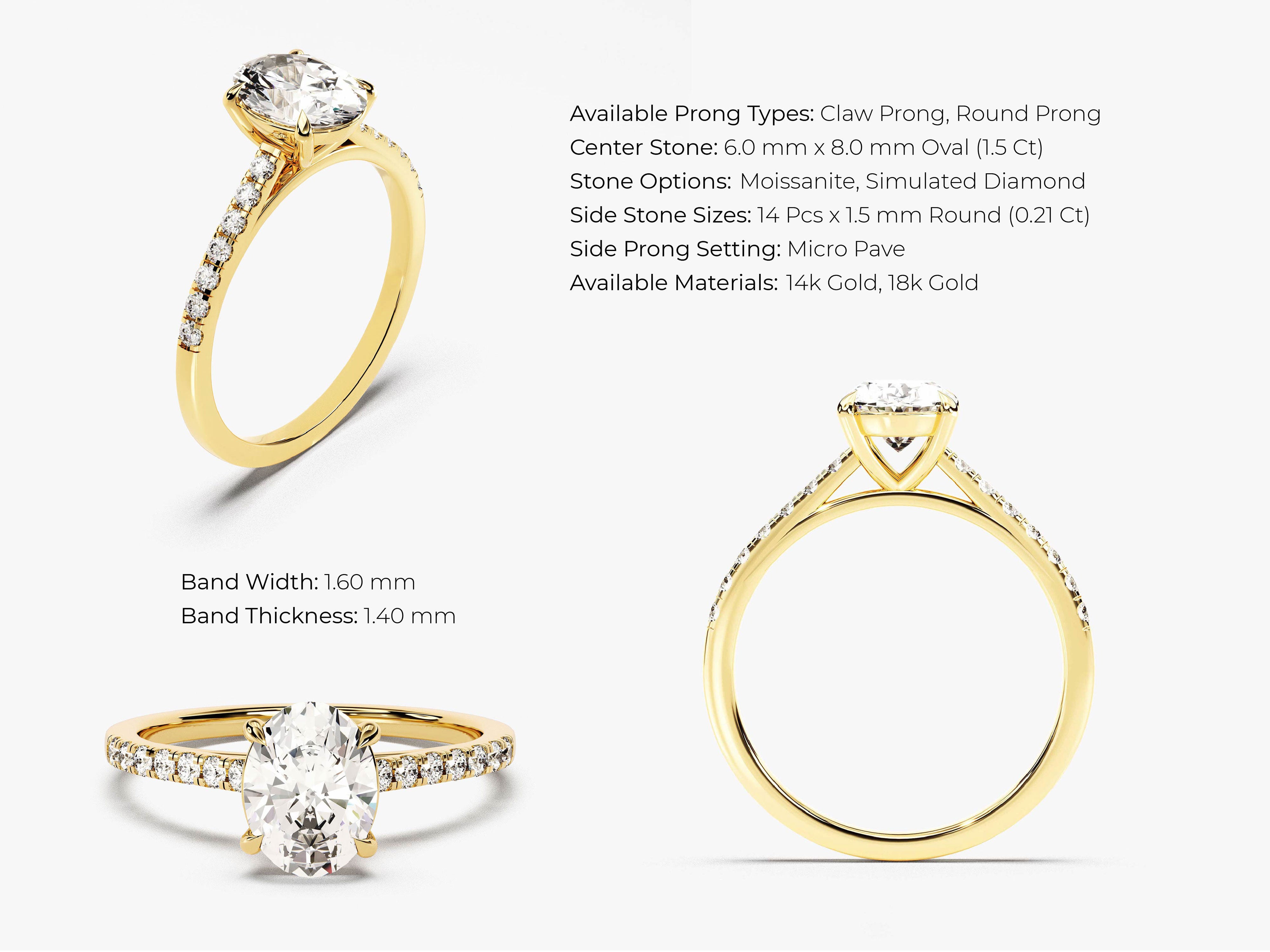 Gold ring with oval diamond and micro pave band