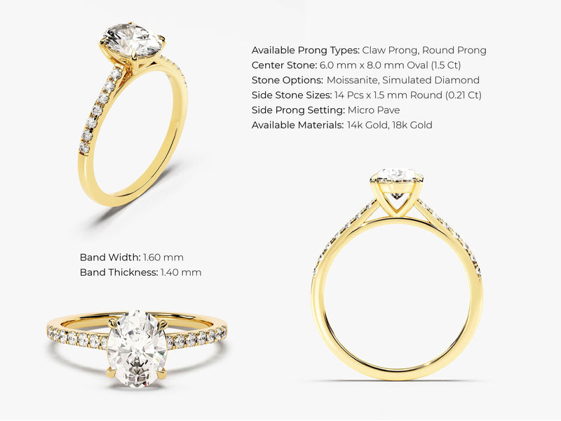 Cathedral Oval Cut Moissanite Engagement Ring with Pave Set Side Stones CT)