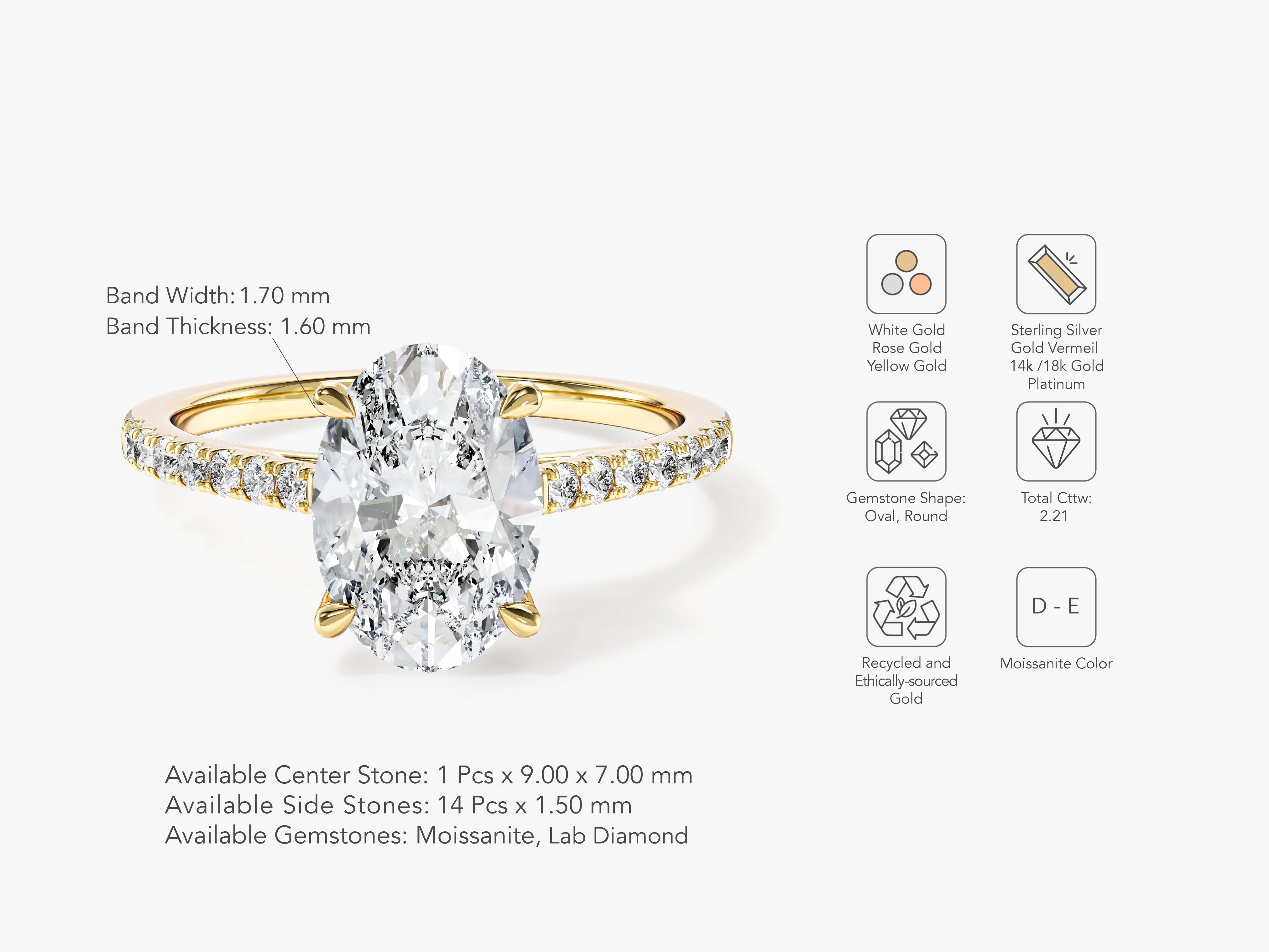 Cathedral Oval Cut Moissanite Engagement Ring with Pave Set Side Stones (2.00 CT)