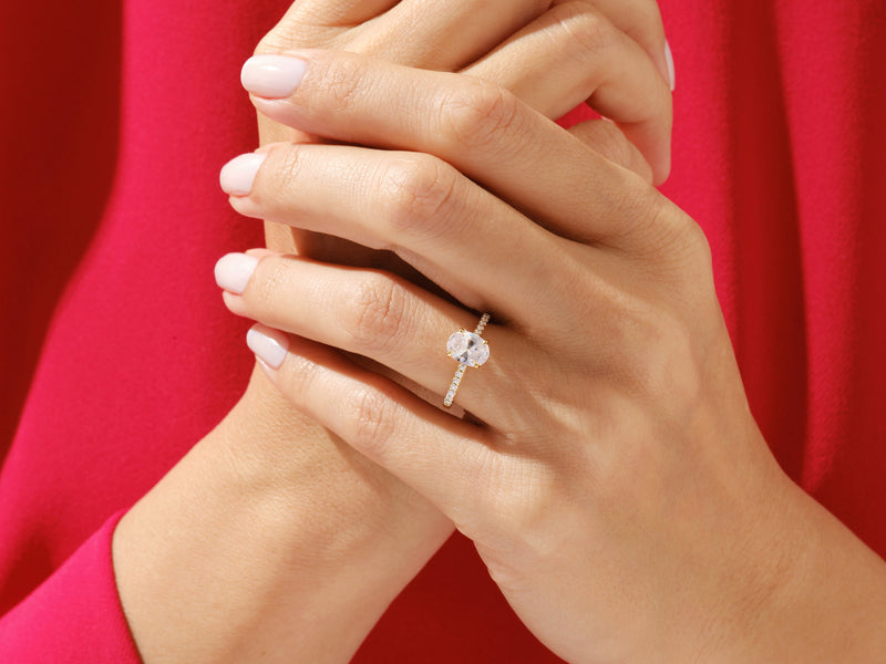 Cathedral Oval Cut Lab Grown Diamond Engagement Ring with Pave Set Side Stones CT)