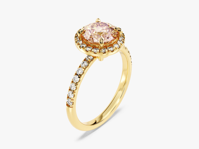 Round Cut Peach Morganite Halo Engagement Ring with Sidestones