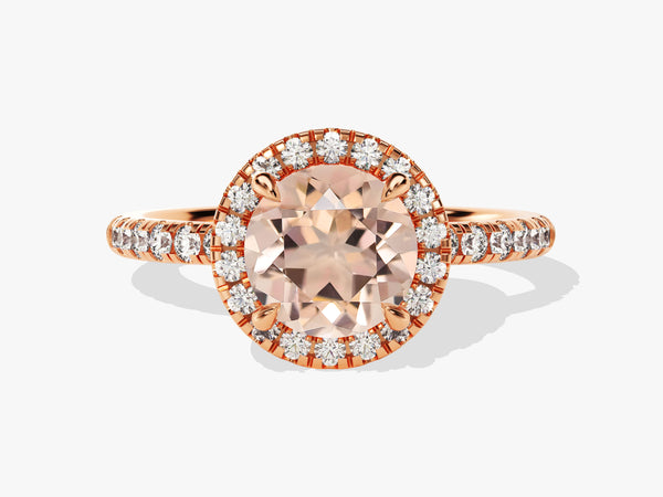 Rose gold halo ring with peach morganite and diamonds