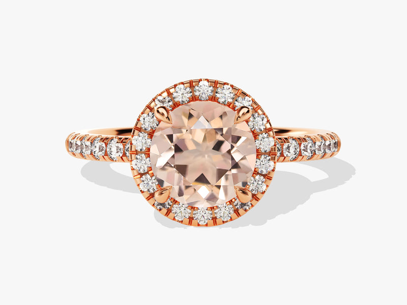 Round Cut Peach Morganite Halo Engagement Ring with Sidestones