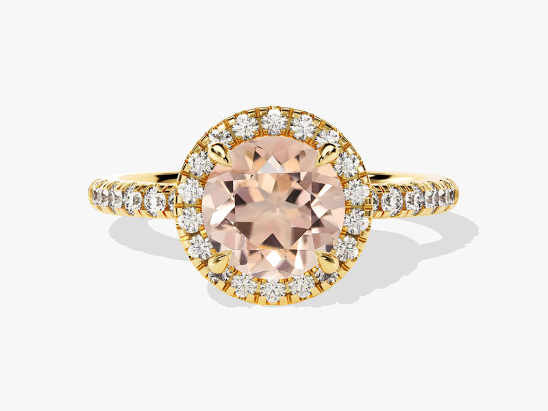 Round Cut Peach Morganite Halo Engagement Ring with Sidestones