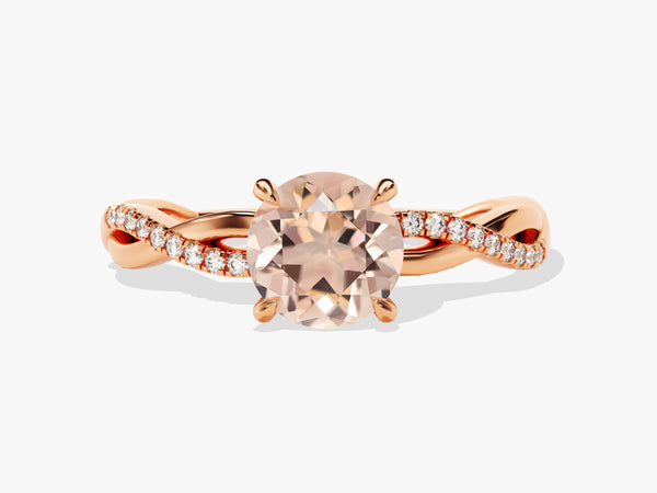 Rose gold twisted band ring with diamond accents and a peach gemstone