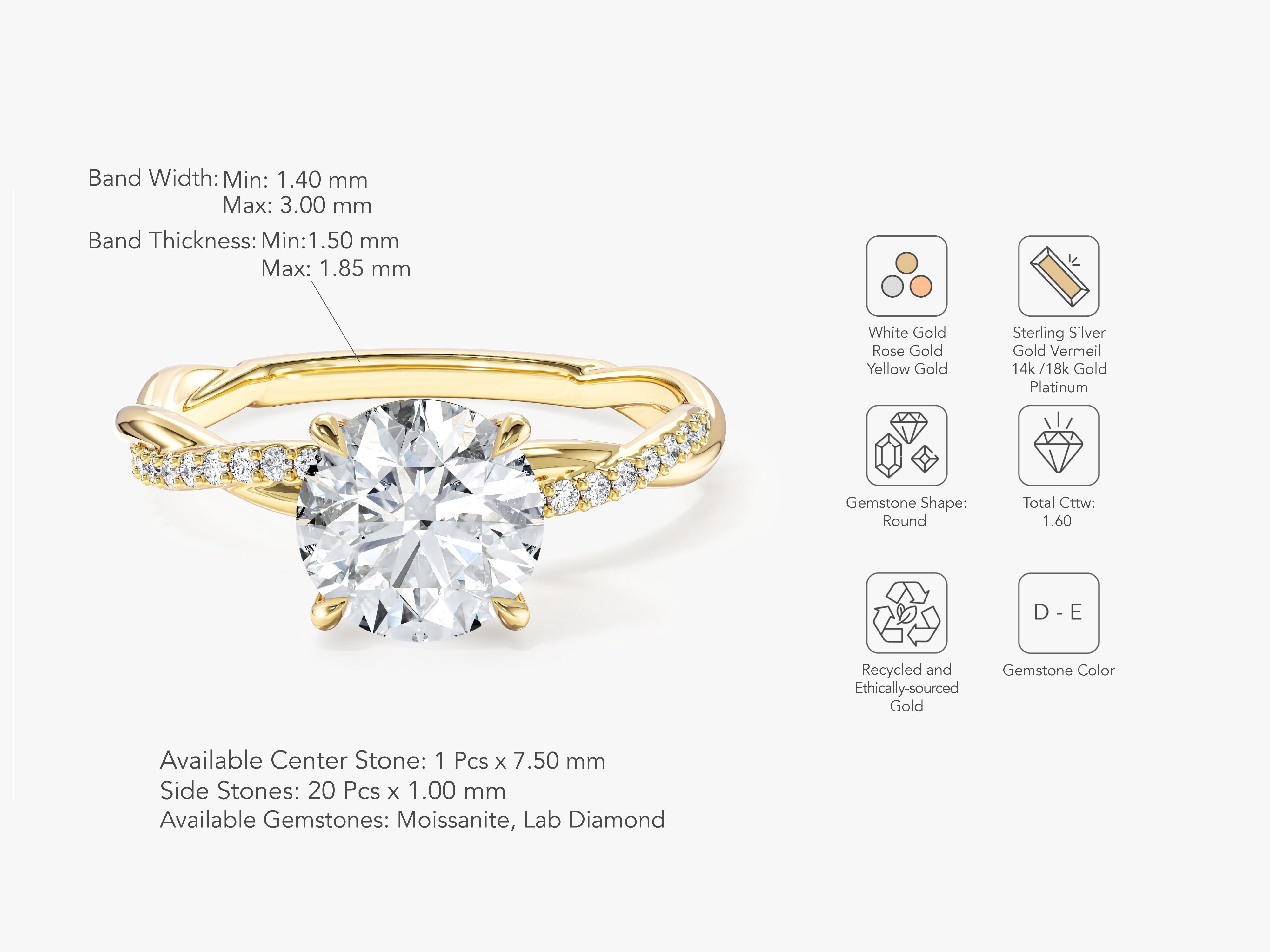 Twist Moissanit Verlobungsring im Rundschliff mit Seitensteinen (1.50 CT)