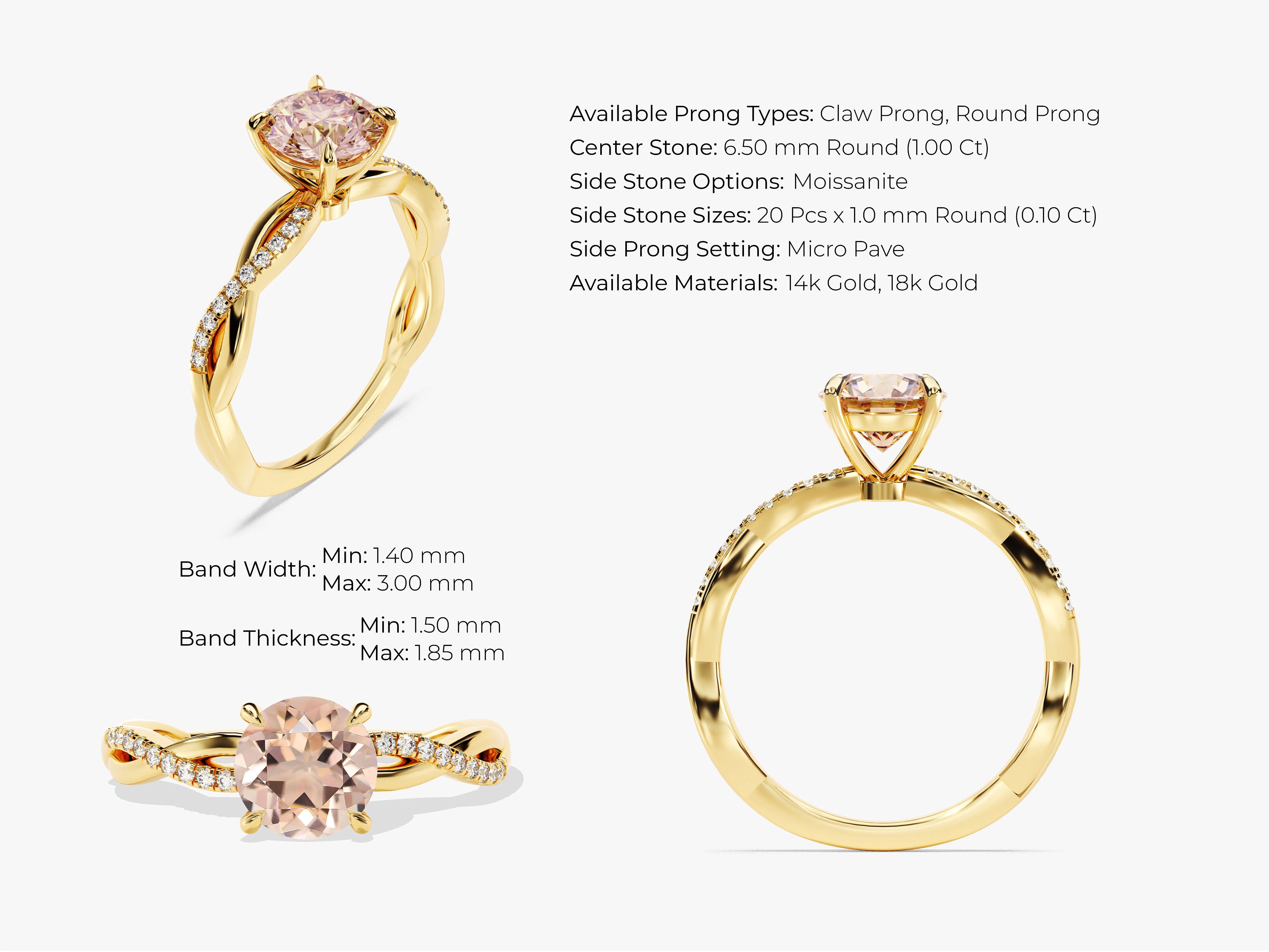 Twisted Round Cut Peach Morganite Engagement Ring with Sidestones