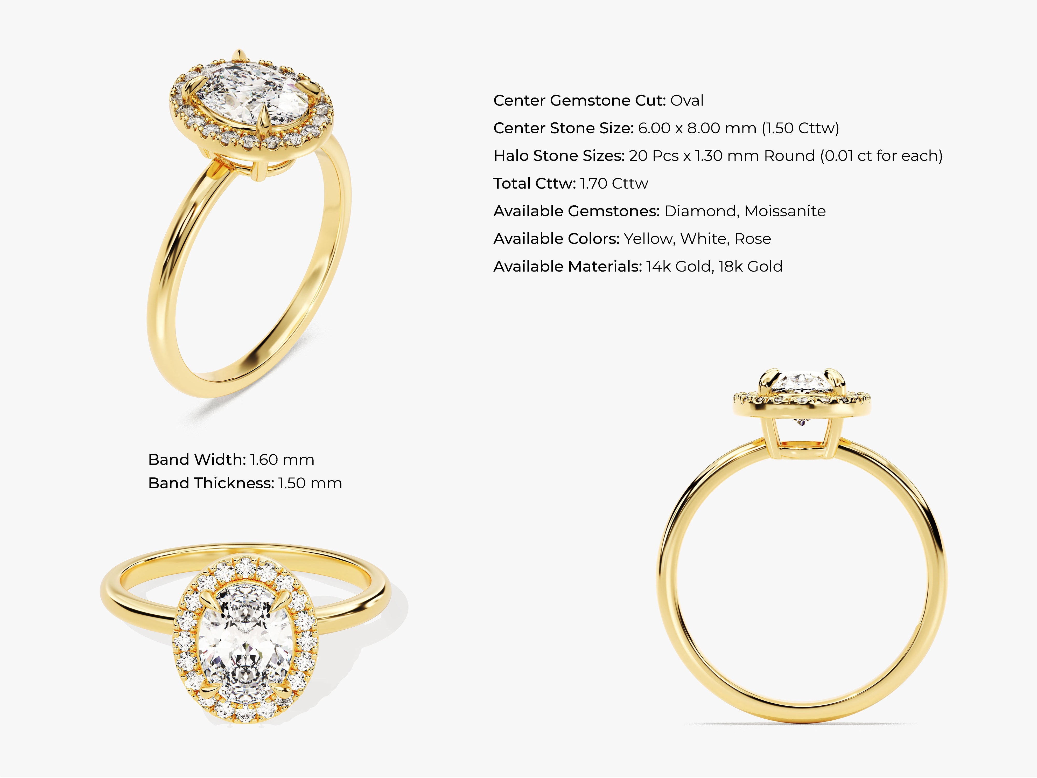 Oval diamond halo engagement ring in yellow gold
