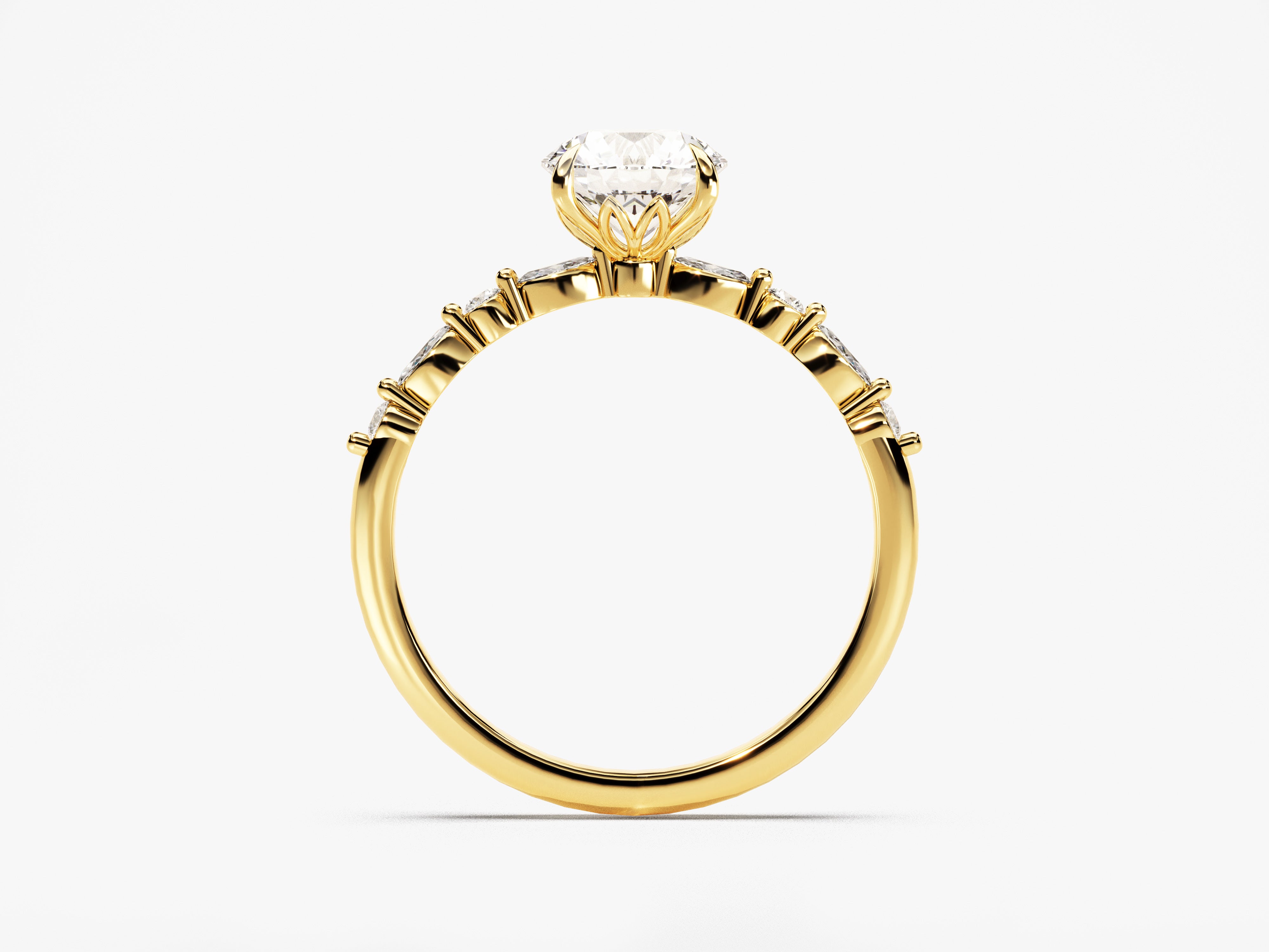 Gold diamond engagement ring with baguette side stones