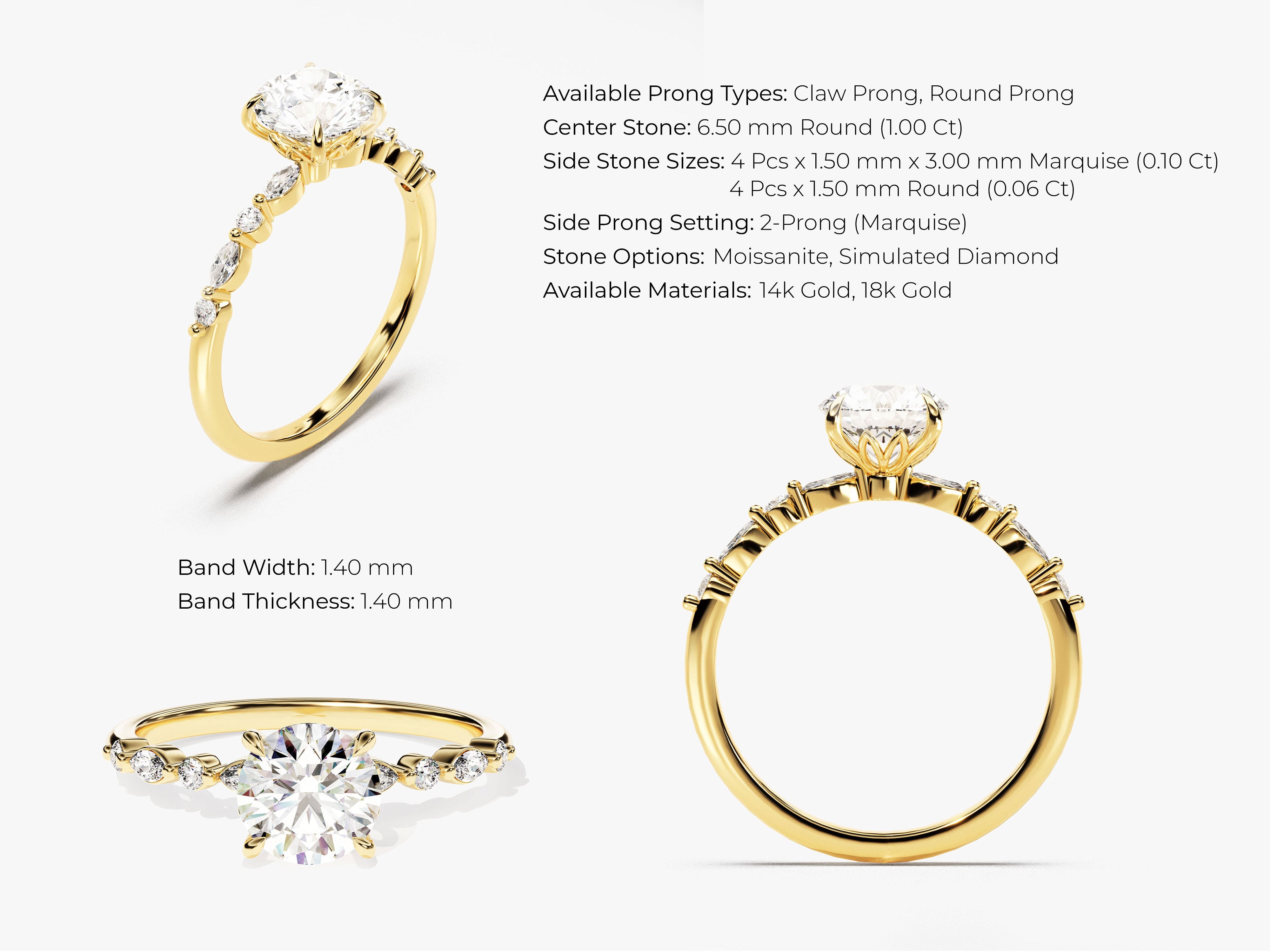 Gold ring with round center stone and marquise side stones