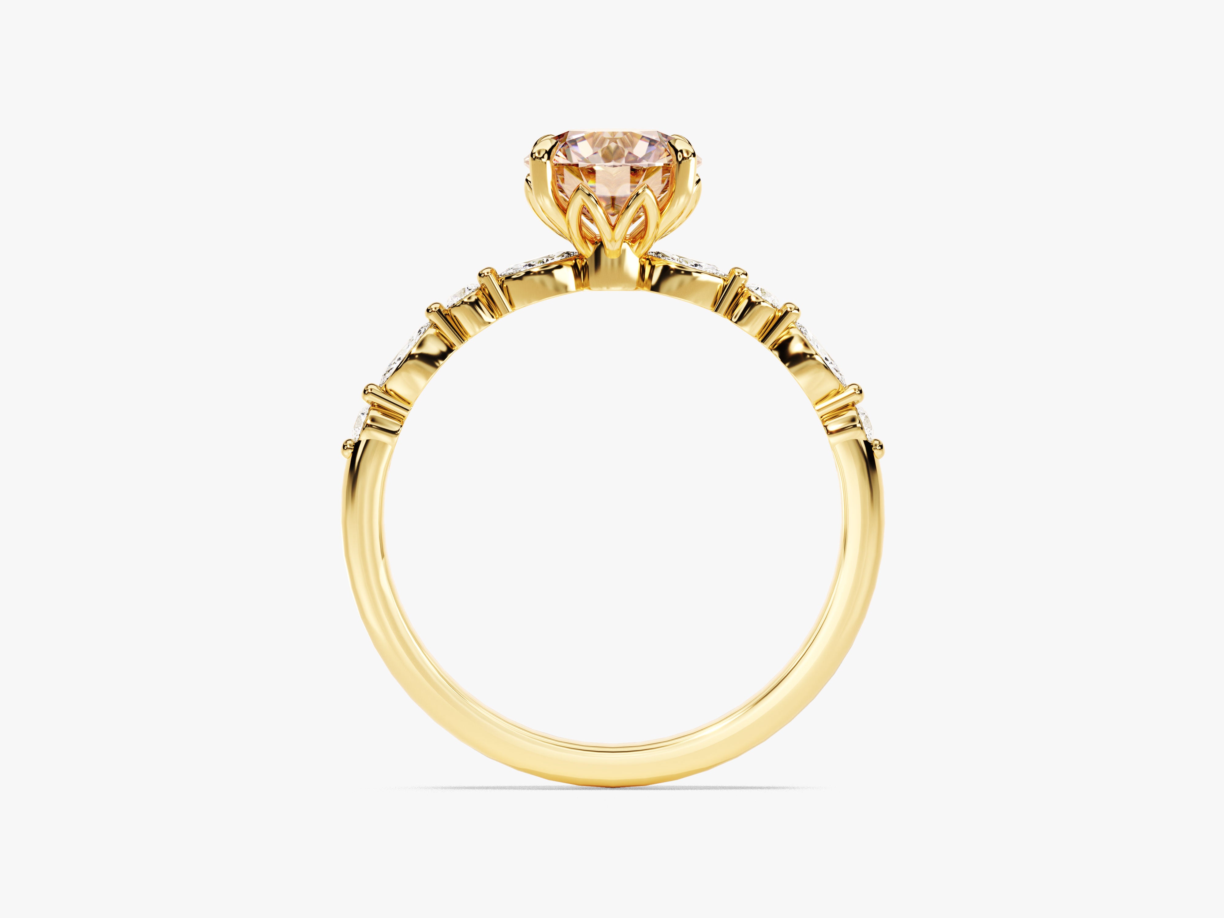 Round Cut Peach Morganite Engagement Ring with Round and Marquise Sidestones