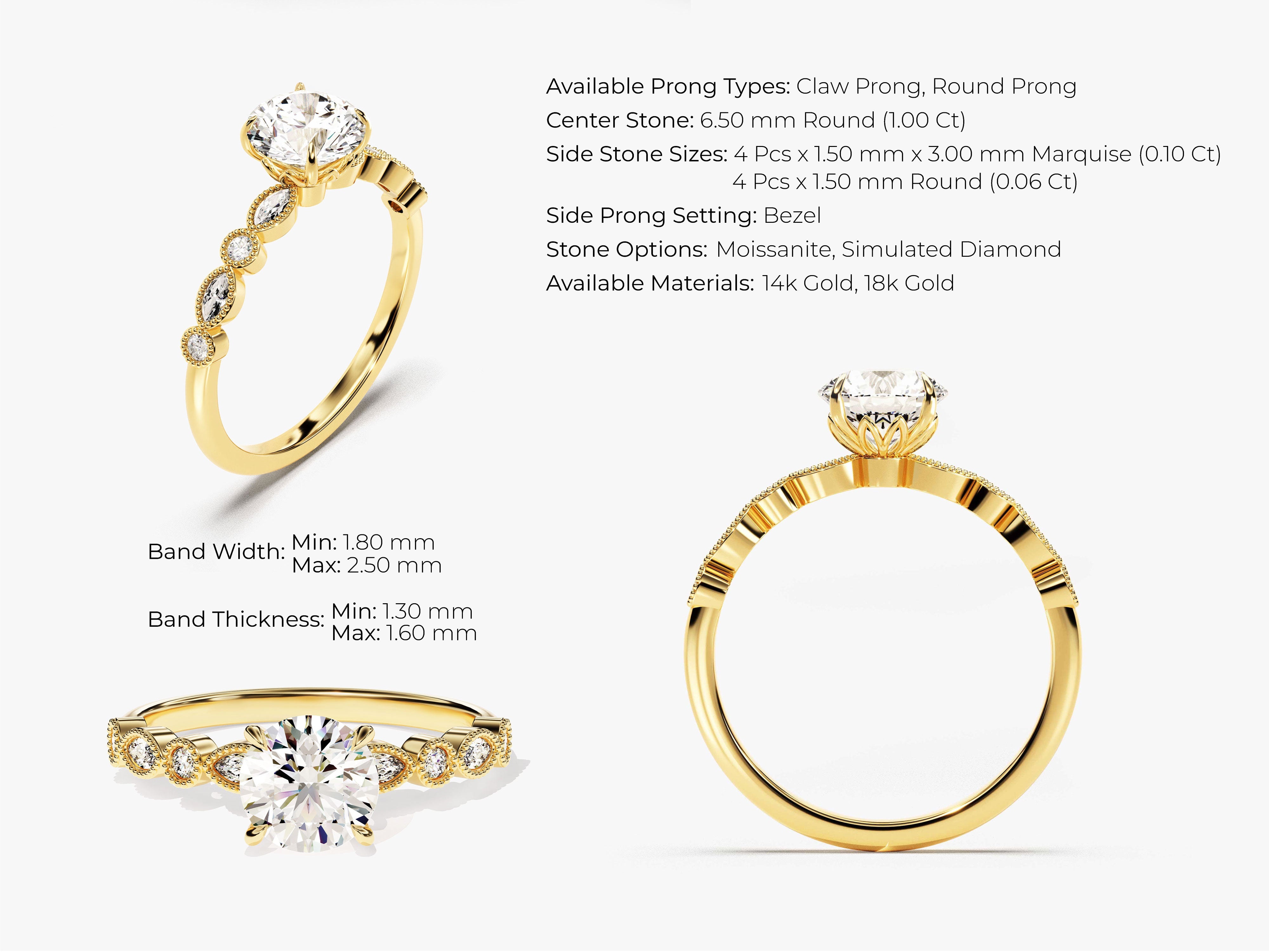 Gold ring with round diamond and marquise side stones