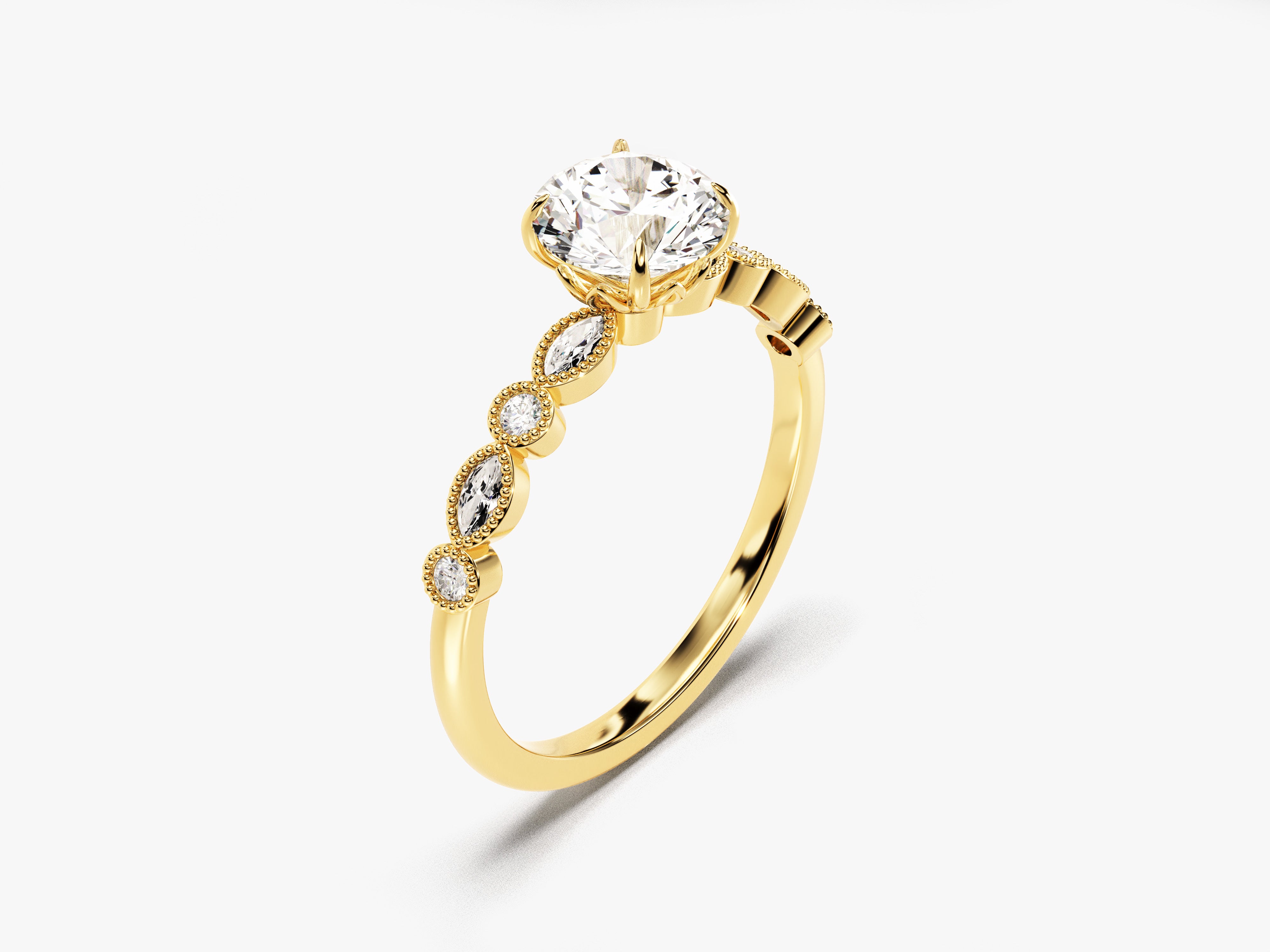 Gold diamond engagement ring with marquise and round stones