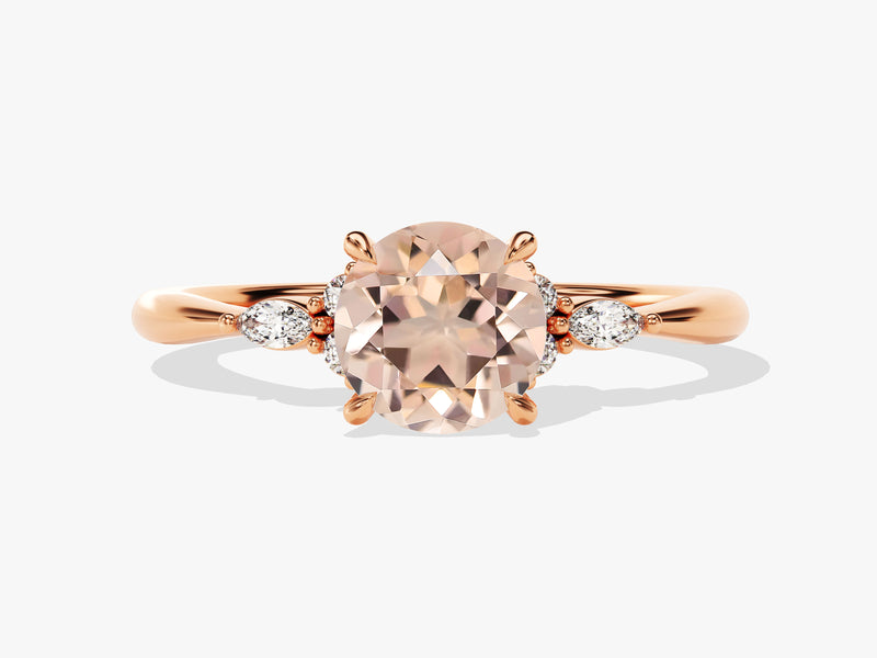 Round Cut Peach Morganite Engagement Ring with Marquise Sidestones