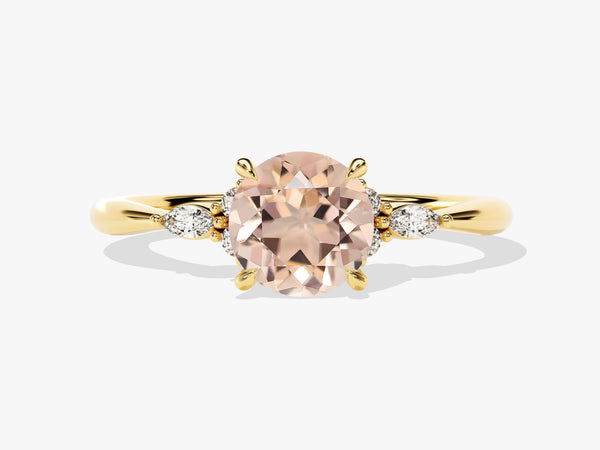 Round Cut Peach Morganite Engagement Ring with Marquise and Round Sidestones