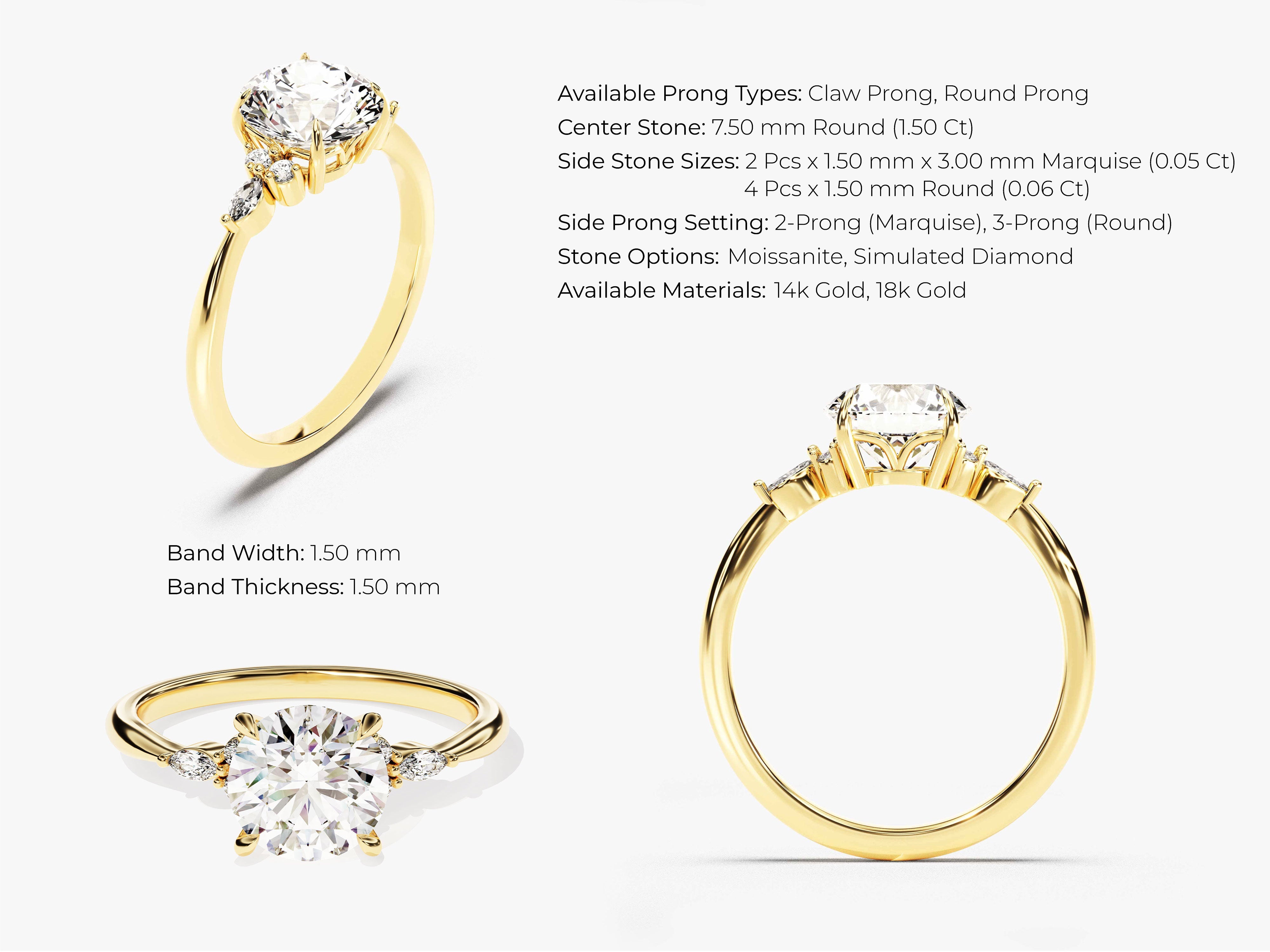 Gold engagement ring with round center stone and side stones