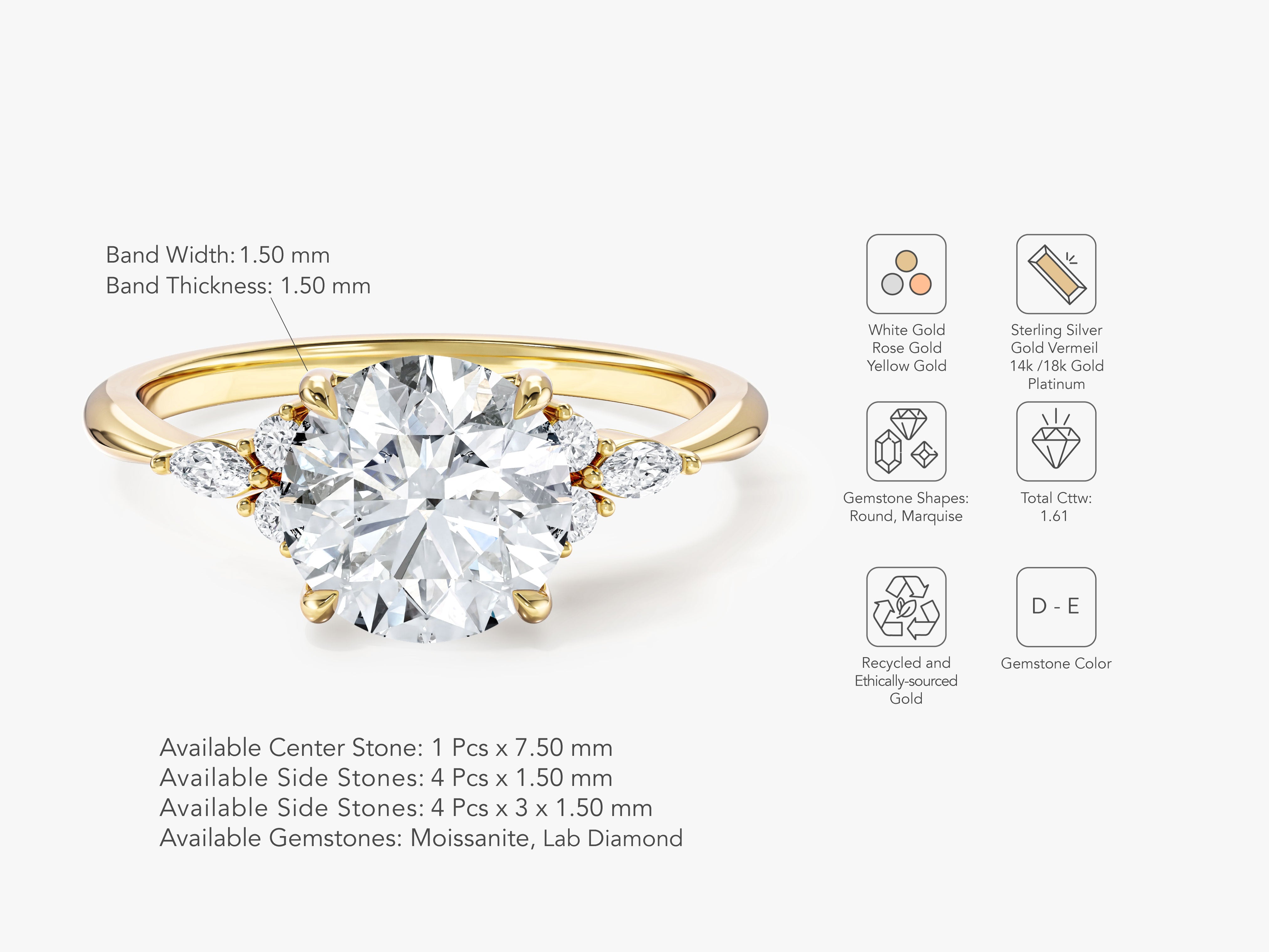 Cluster Accent Round Cut Moissanite Engagement Ring (1.50 CT)