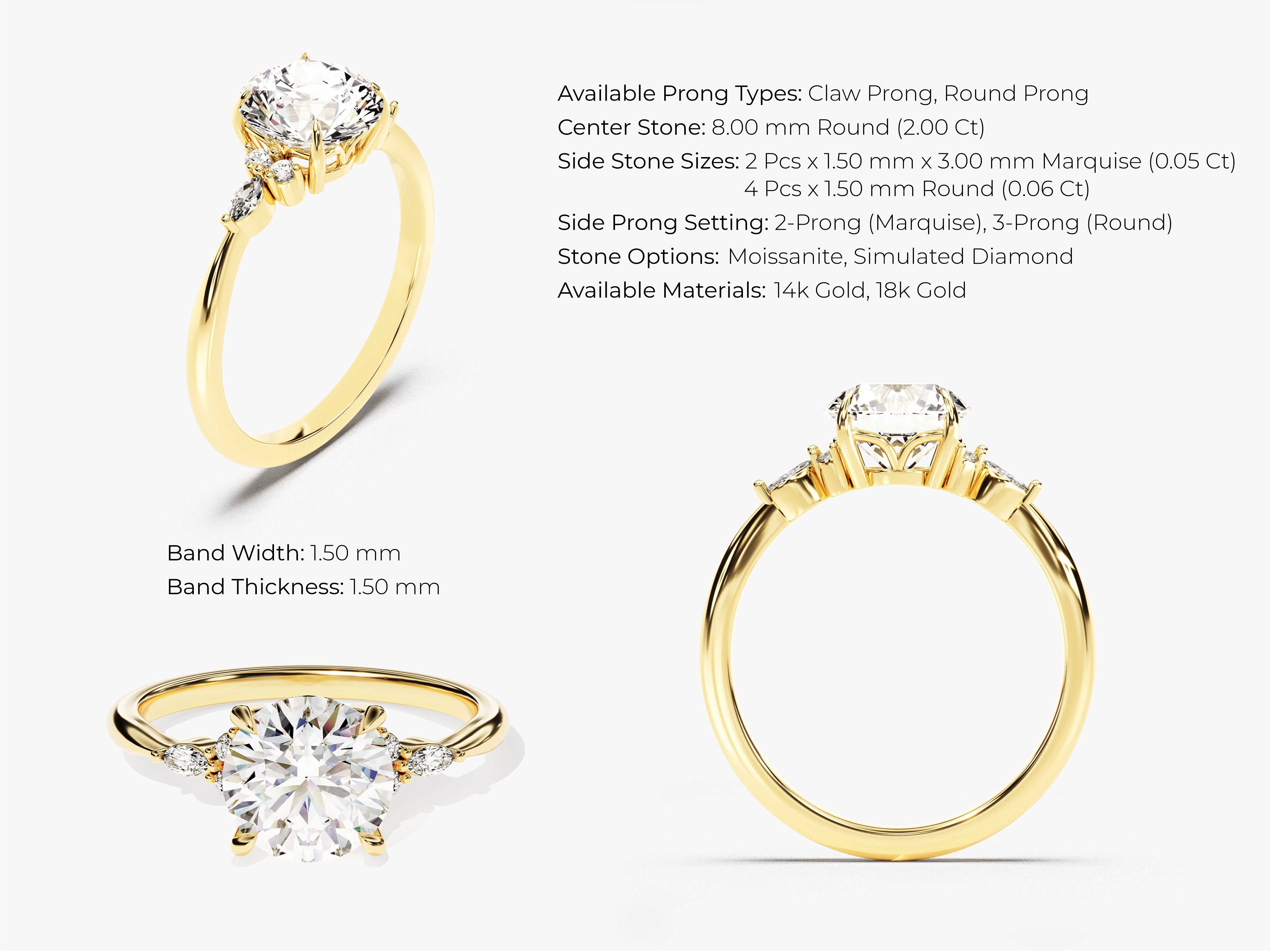 Gold ring with round center diamond and marquise side stones