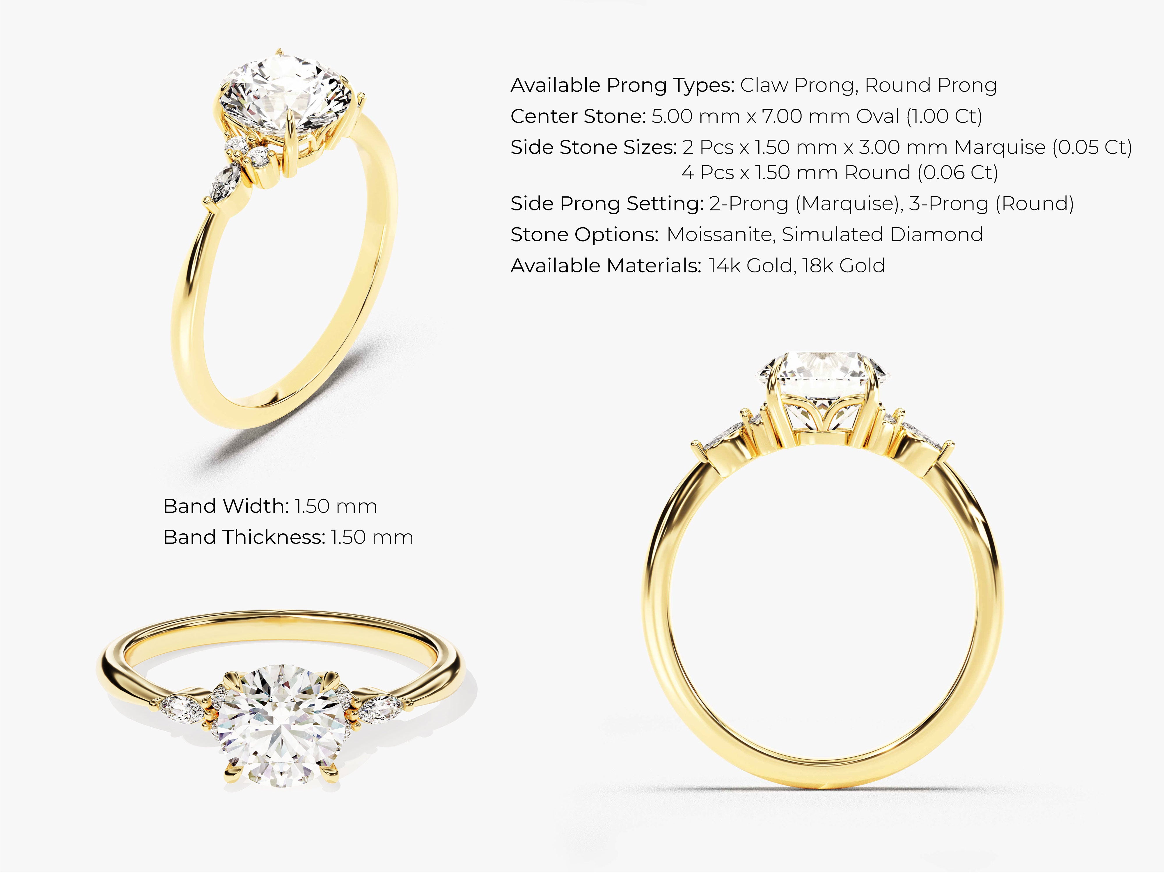 Gold ring with oval moissanite and marquise side stones