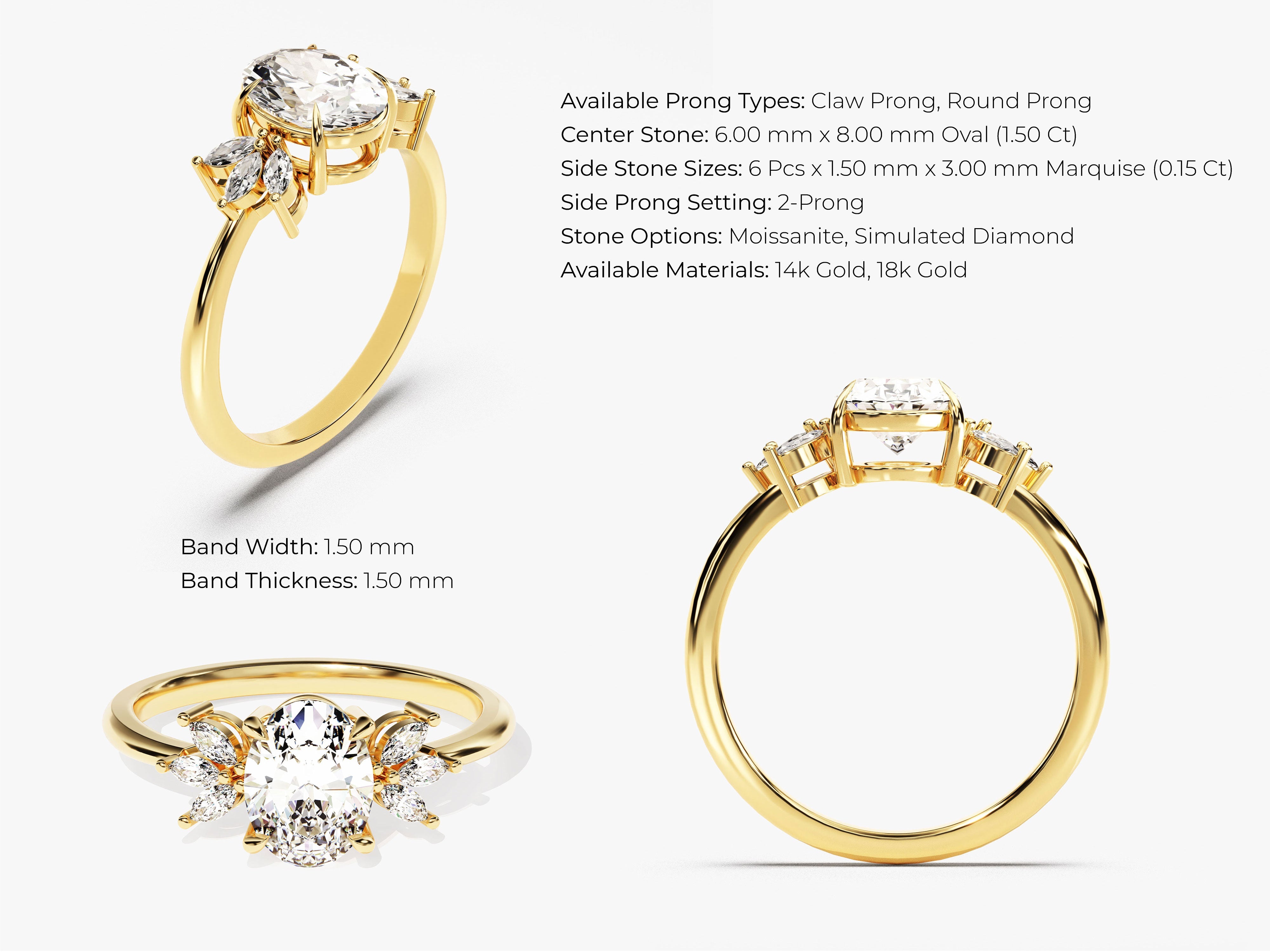 Gold oval diamond engagement ring with marquise side stones