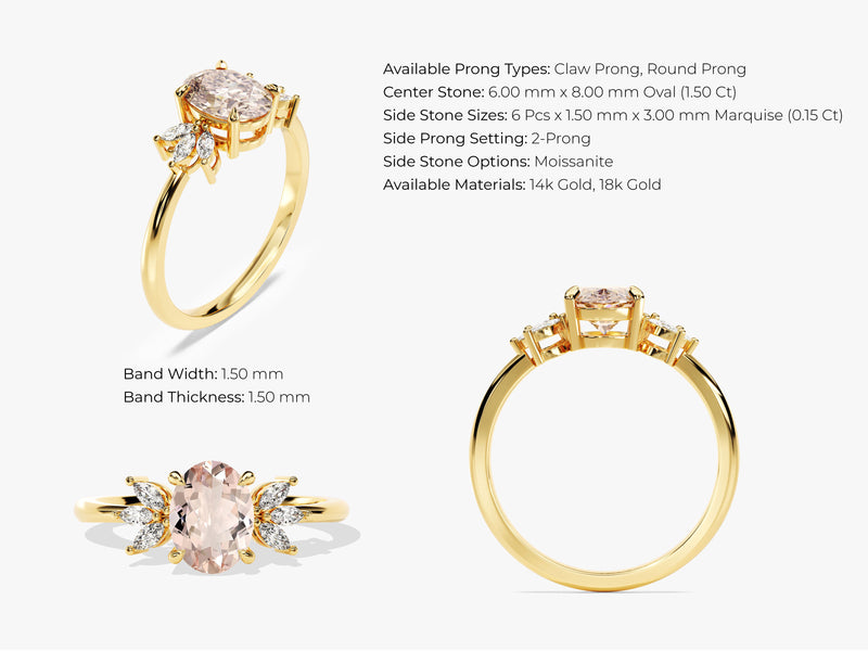 Oval Cut Peach Morganite Engagement Ring with Marquise Sidestones