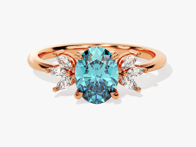 Oval Cluster Accent Blue Topaz Ring in 14K Solid Gold