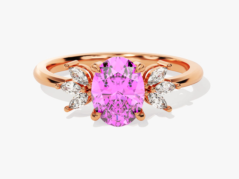 Oval Cluster Accent Pink Tourmaline Ring in 14K Solid Gold
