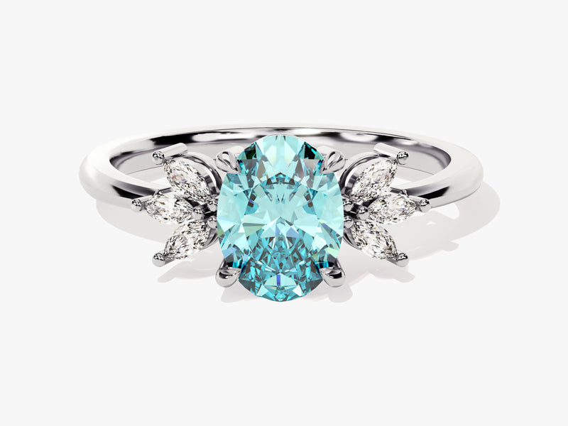 Oval Cluster Accent Aquamarine Ring in 14K Solid Gold