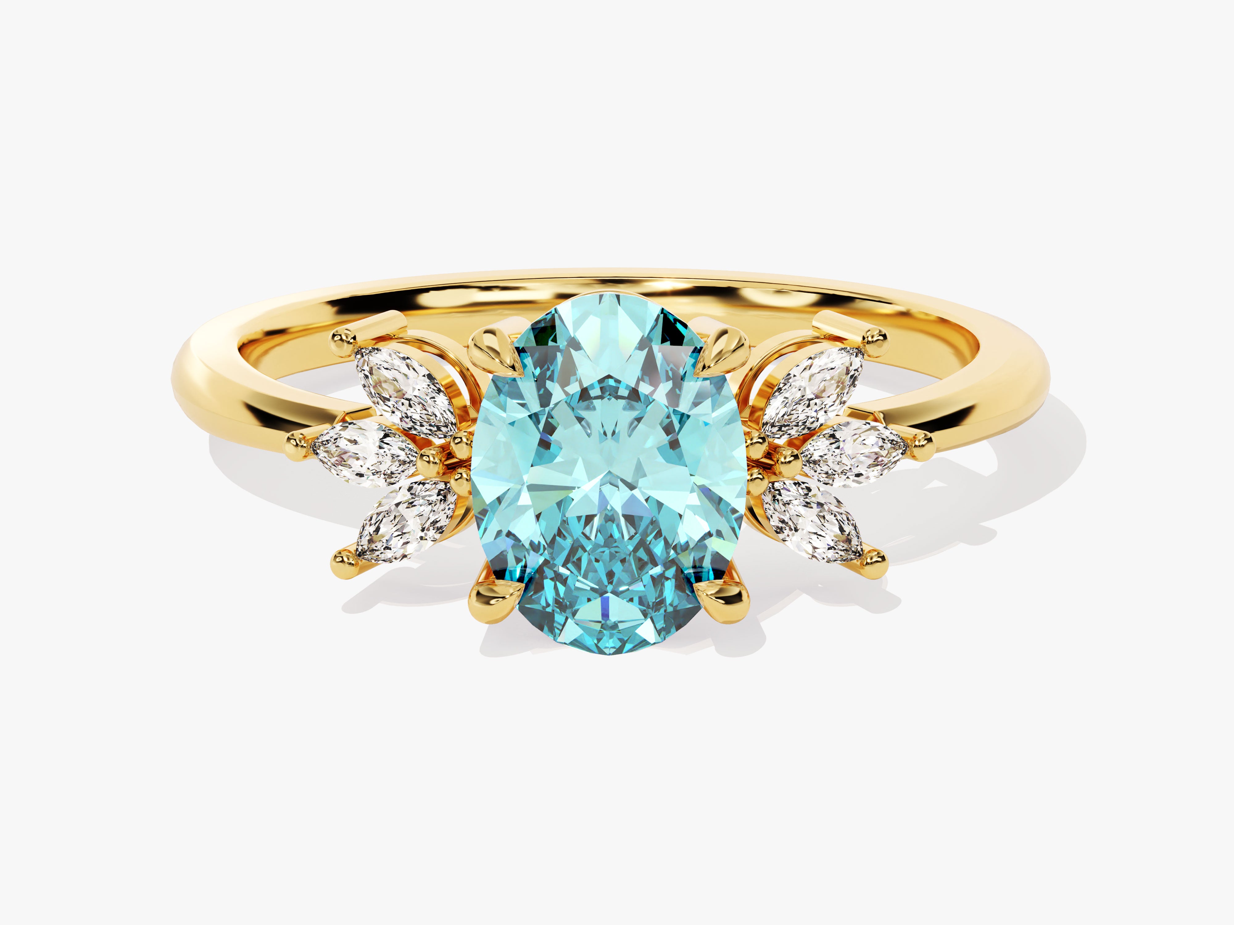 Oval Cluster Accent Aquamarine Ring in 14K Solid Gold