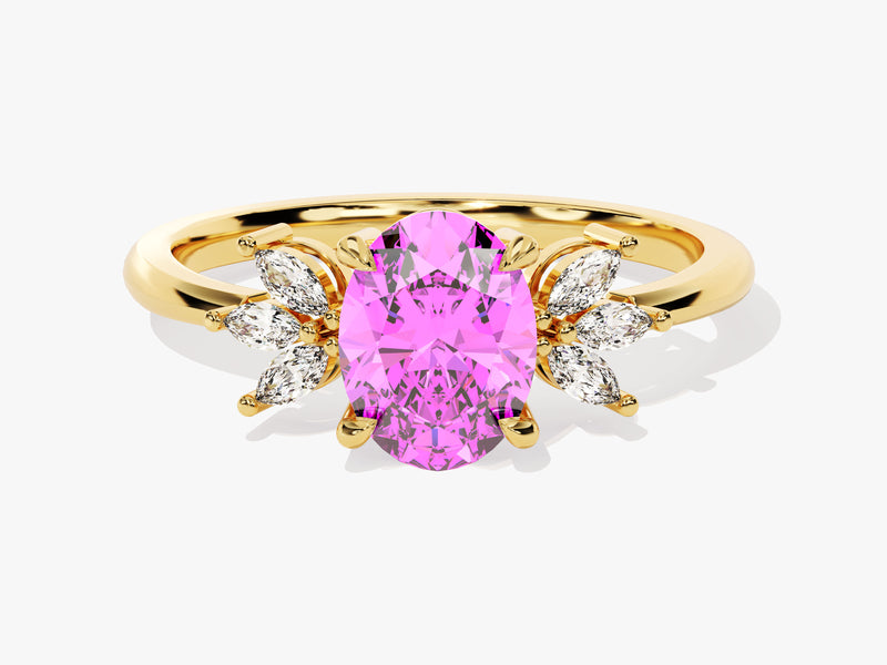Oval Cluster Accent Pink Tourmaline Ring in 14K Solid Gold