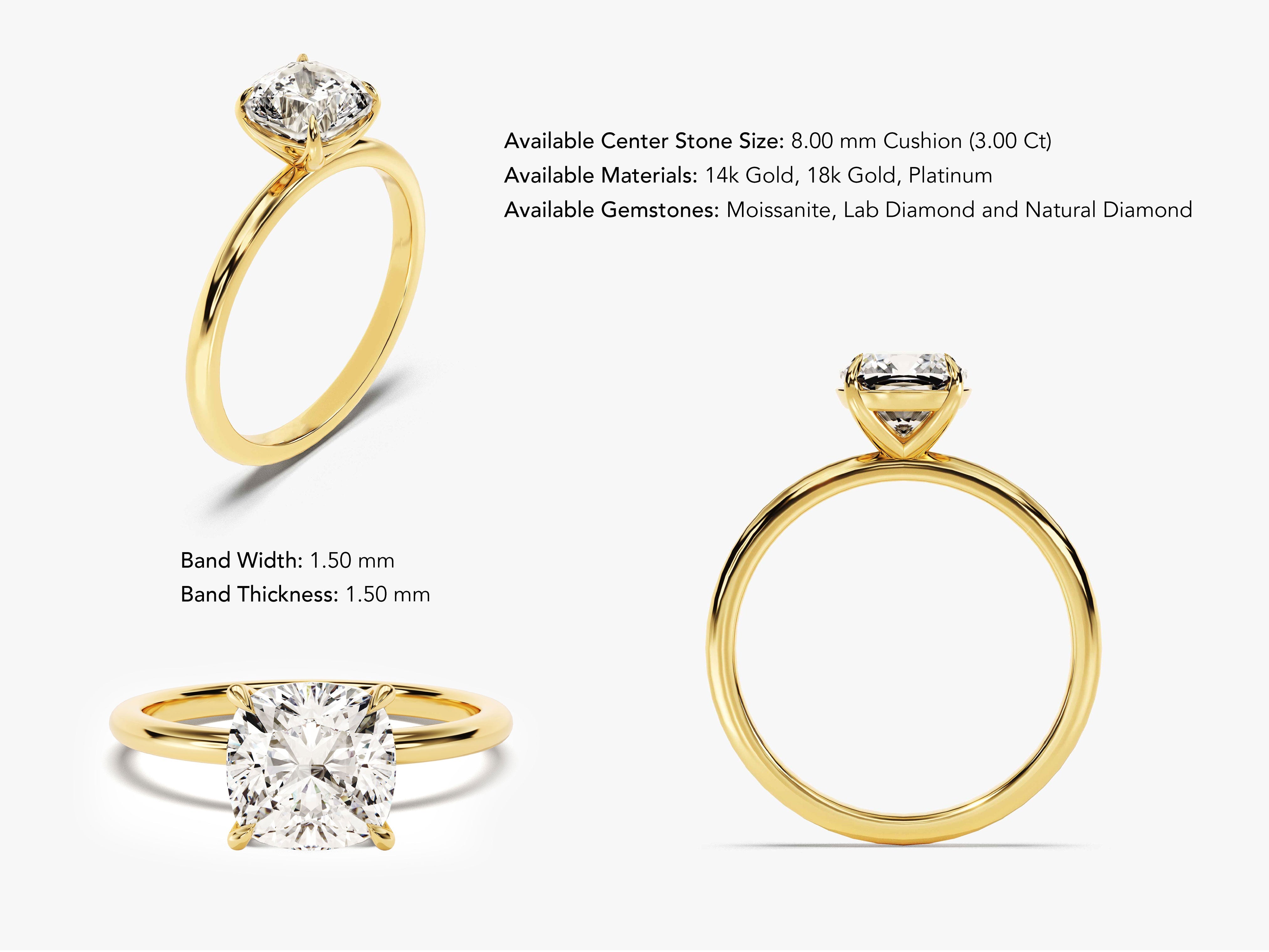 Gold ring with cushion-cut diamond, jewelry design