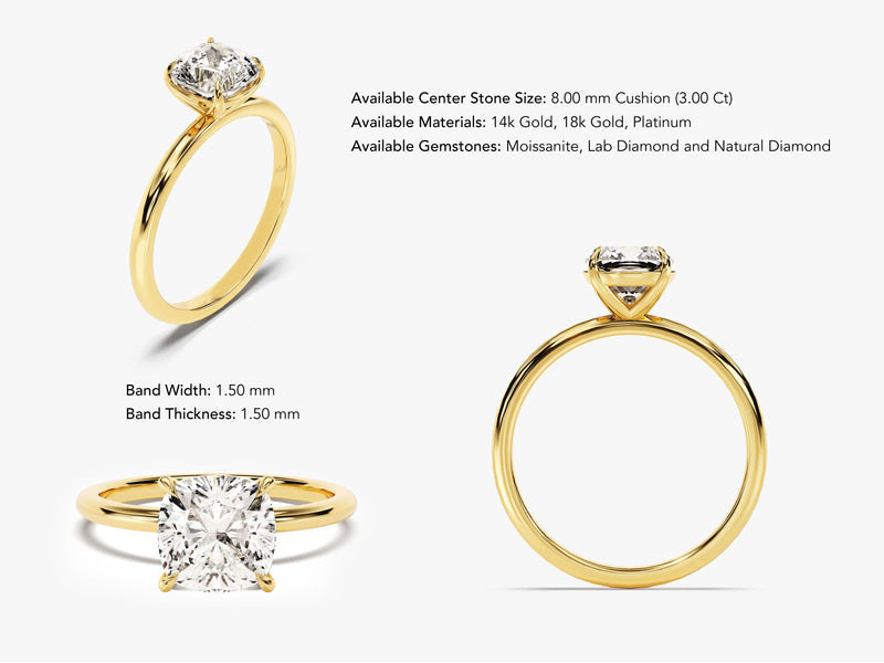 Gold ring with cushion-cut diamond, jewelry design