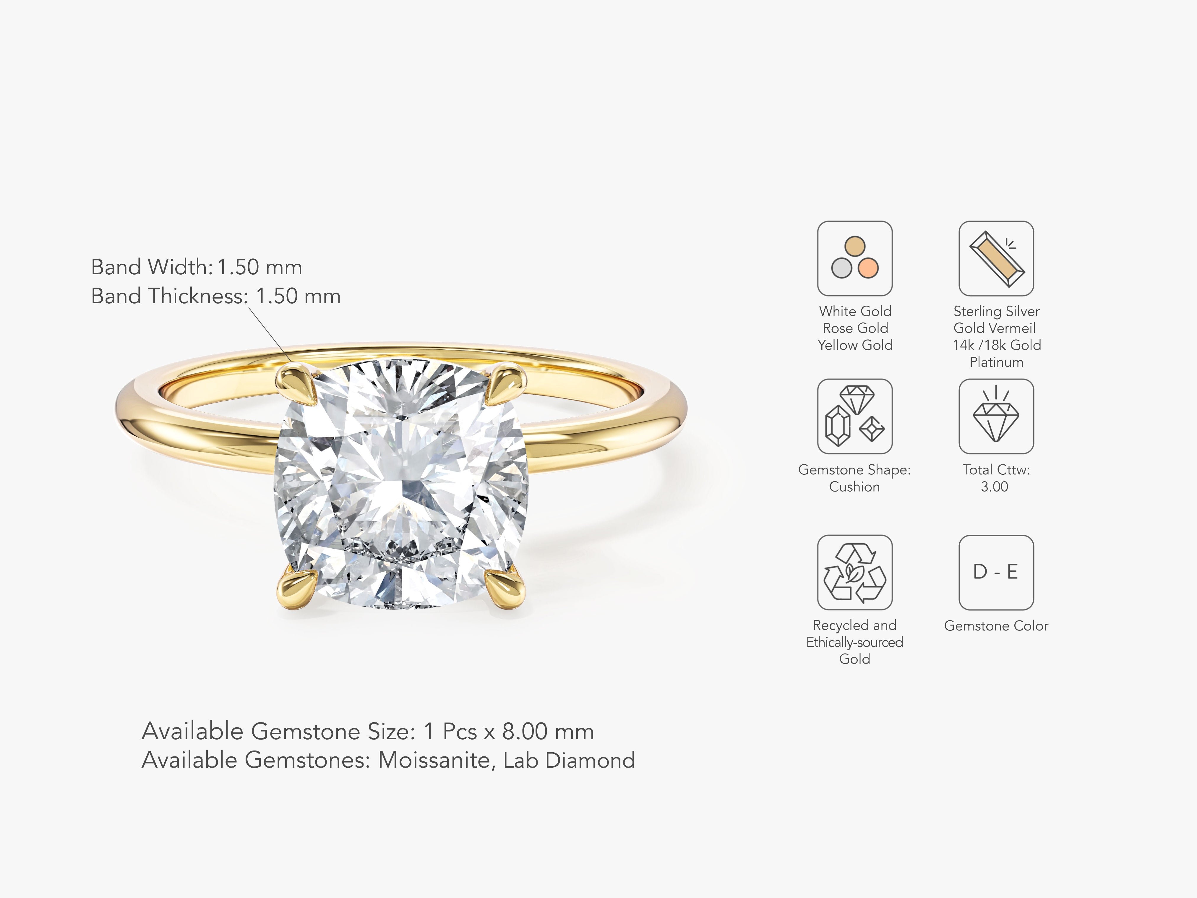 Cushion Cut Solitaire Moissanite Engagement Ring (3.00 CT)
