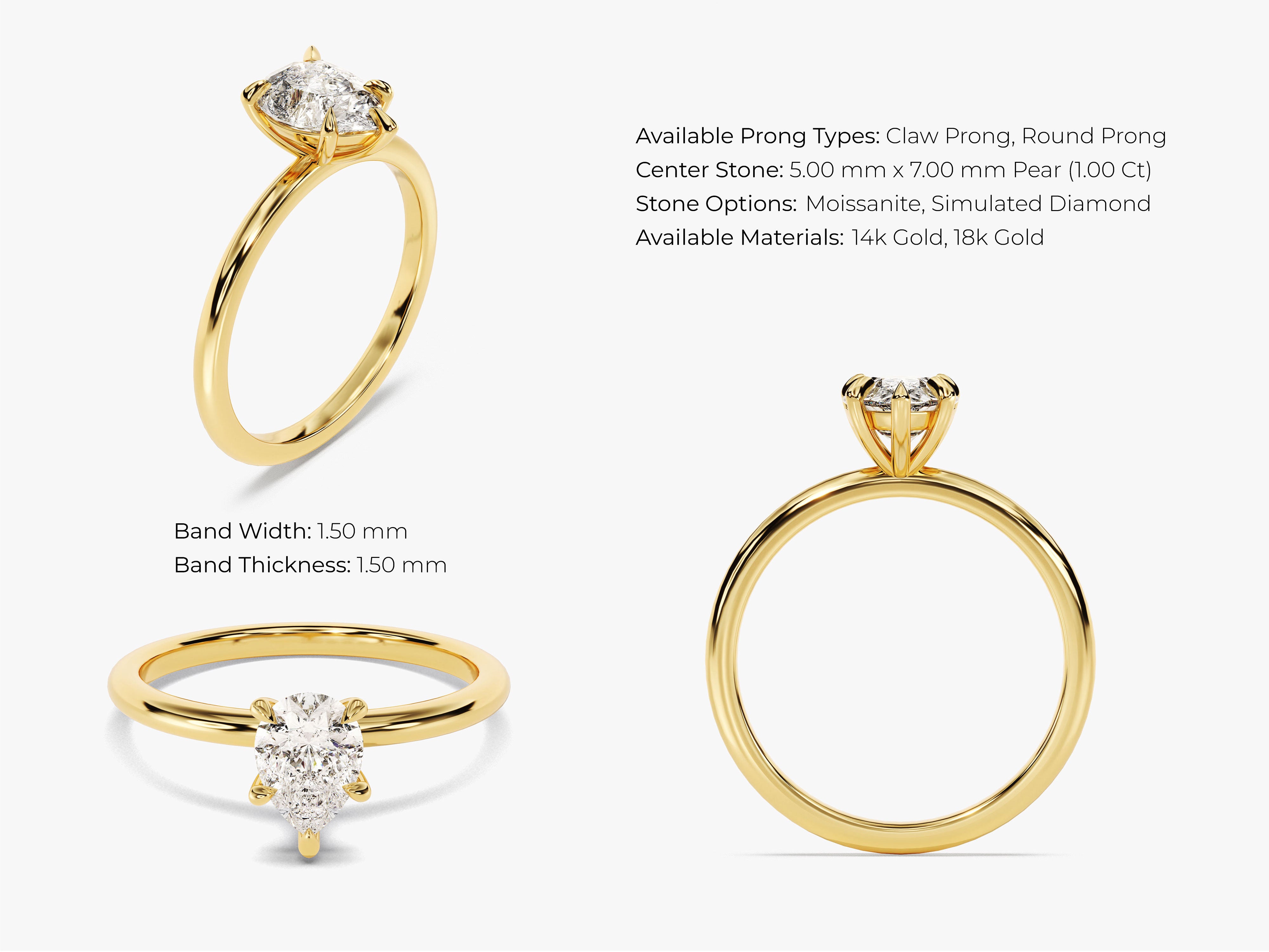 Gold pear cut diamond engagement ring with claw setting