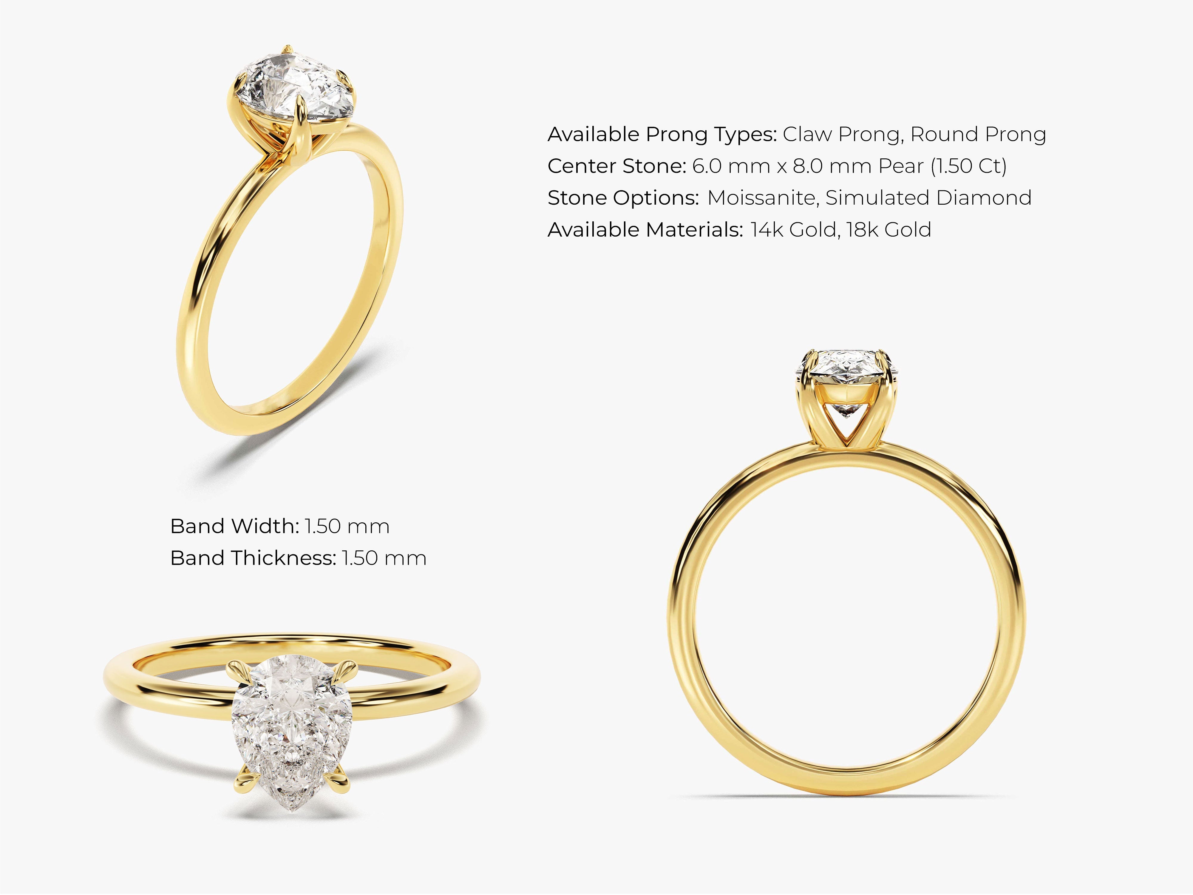 Gold pear cut diamond engagement ring with prong setting