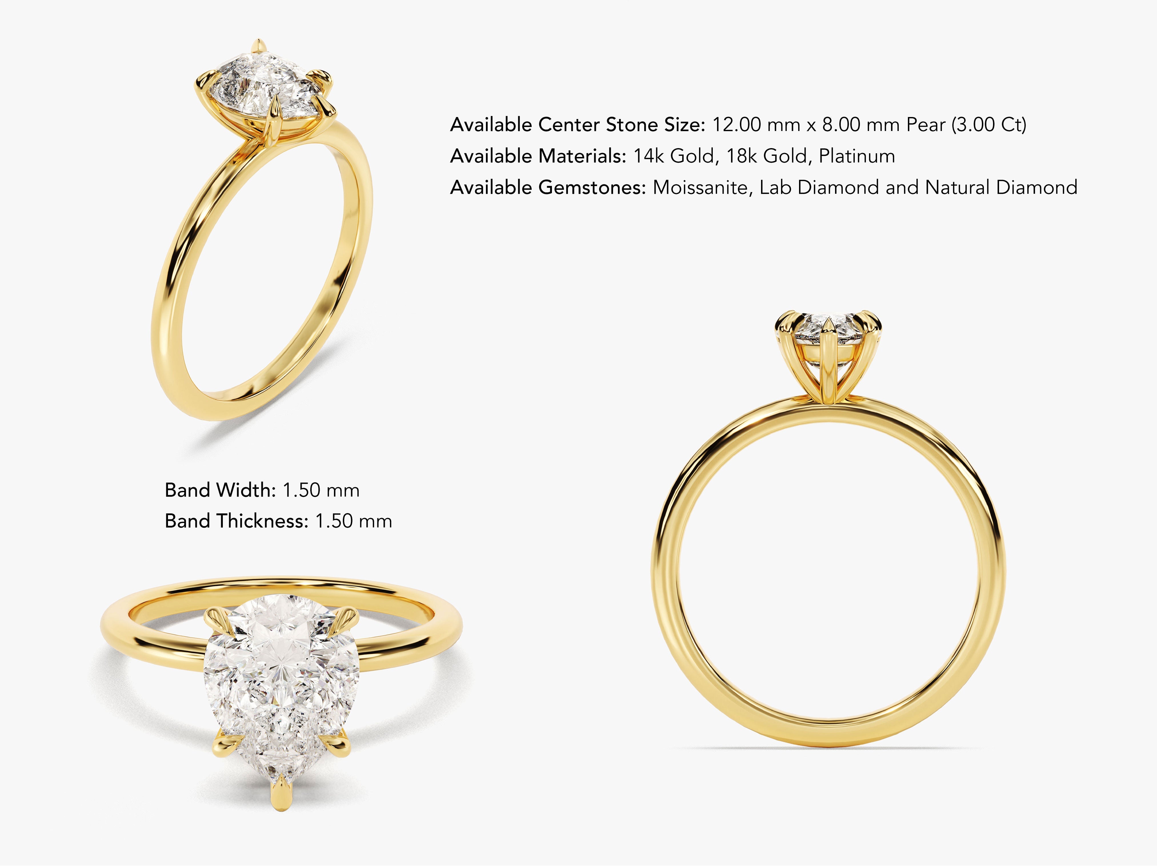 Gold pear diamond engagement ring, 3 carat center stone