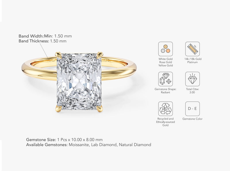 Radiant Cut Solitaire Moissanite Engagement Ring (3.00 CT)