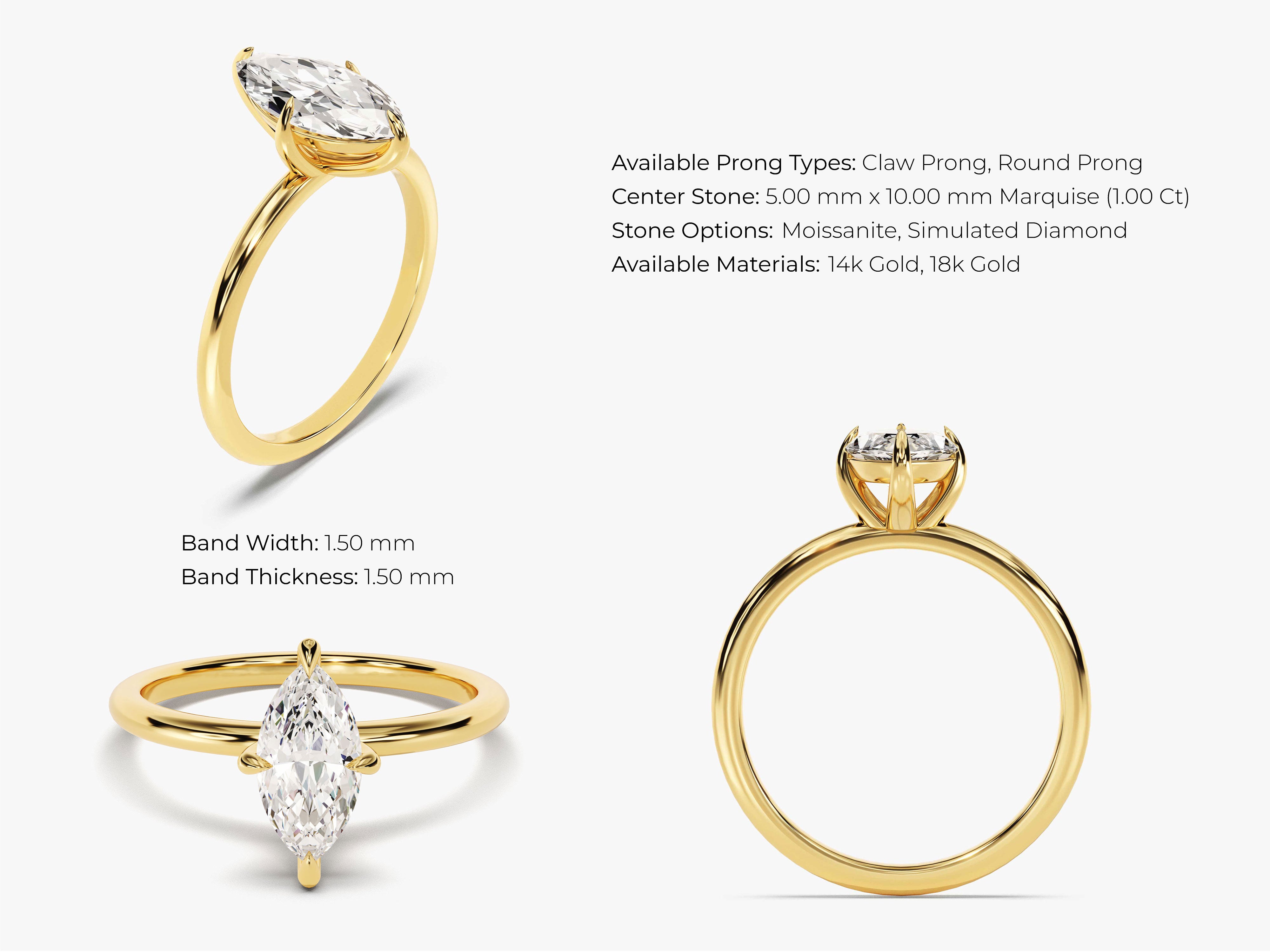 Gold marquise diamond engagement ring with claw prongs