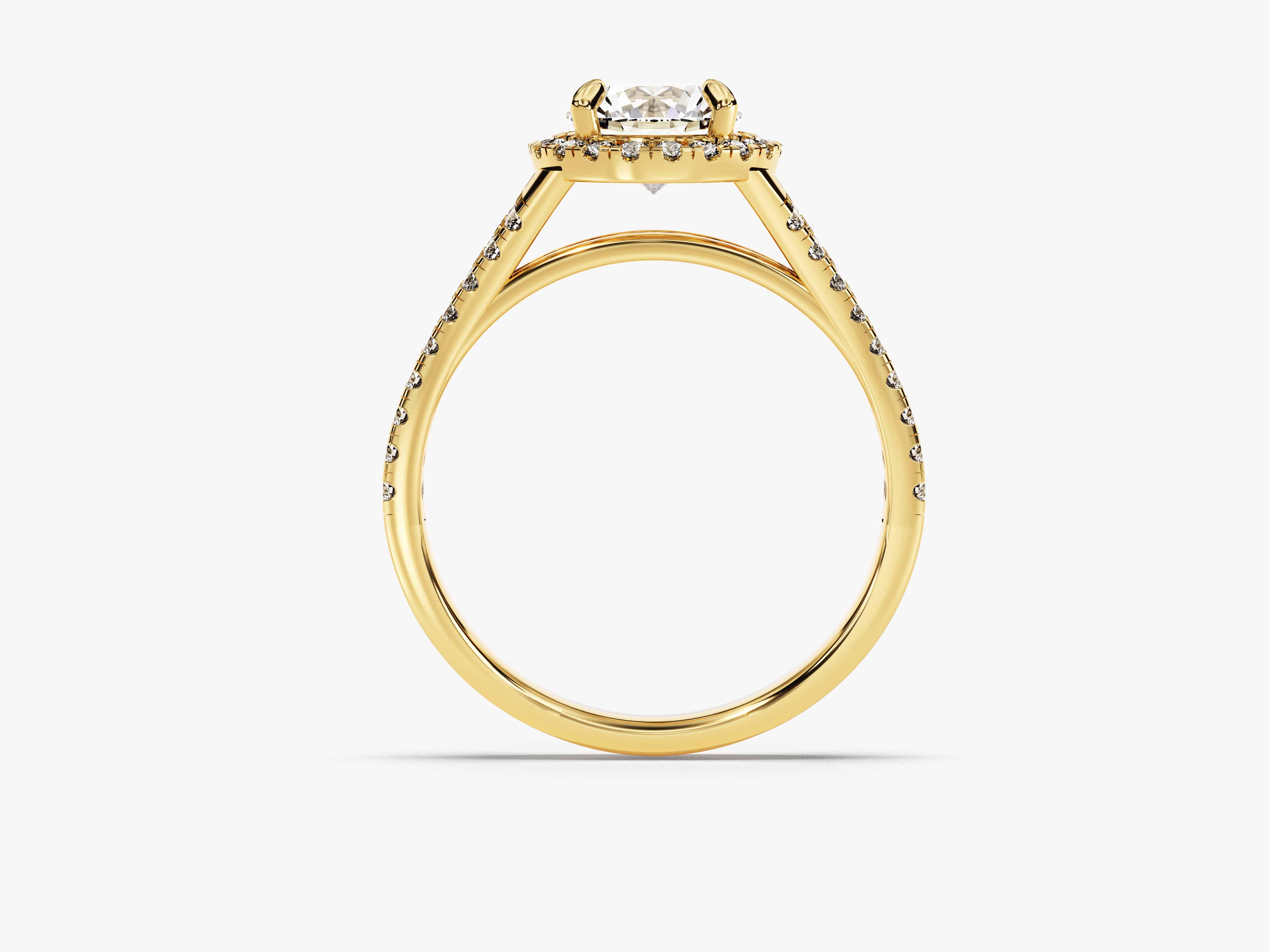 Gold diamond halo engagement ring with pavé band