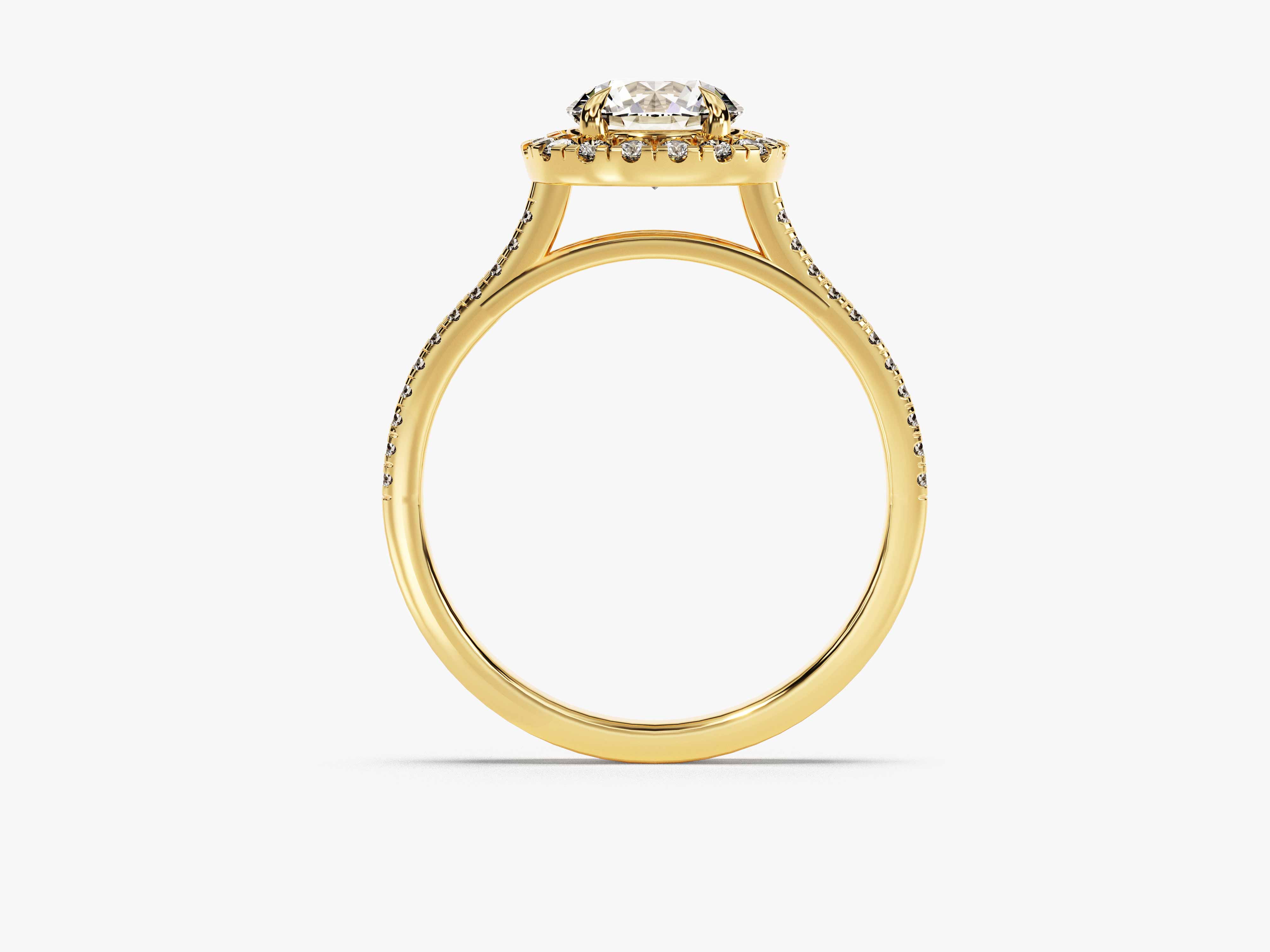 Gold diamond halo engagement ring with pavé band